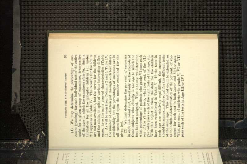 (1) We may determine the percentage of suc- cesses (passing) for each individual test of the entire scale for a given group of examinees, irrespective of the ages in which the examinees classify. Such a tabulation for all the epileptic children (all under 21) appears in Table IV. The records for the adults are not now available, but the curves for the children and the adults, in spite of various interesting differ- ences, have the same general characteristics (Table I). As will be seen from Columns 2 and 5, Table IV, the number of children put through each test differs considerably, but the percentages of successes are in all cases based upon the number examined for the given test. (2) We may determine the per cent, of successes in each individual test, based only on the records of those subjects who classify in the age to which the test has been assigned. That is to say, we determine what percentage of patients who grade VI pass each one of the Vl-year tests, what per cent, of the VII- year-olds pass each of the eight tests of that age, etc. With this object in view, the data for the children have been retabulated in Table V. If the tests in each age are relatively equi-difficult, the successes should be approximately equal for the different tests of the same age. This method could be extended so as to include a determination of the per cent, of suc- cesses for each test in both lower and higher ages. What per cent, of subjects who grade V, VI or VII pass each of the tests in Age III or IV f