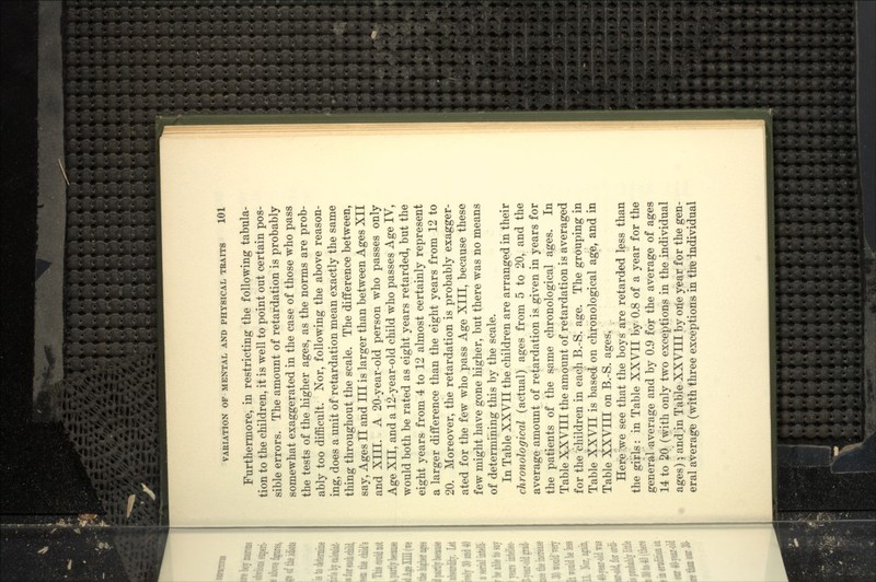 Furthermore, in restricting the following tabula- tion to the children, it is well to point out certain pos- sible errors. The amount of retardation is probably somewhat exaggerated in the case of those who pass the tests of the higher ages, as the norms are prob- ably too difficult. Nor, following the above reason- ing, does a unit of retardation mean exactly the same thing throughout the scale. The difference between, say. Ages II and III is larger than between Ages XII and XIII. A 20-year-old person who passes only Age XII, and a 12-year-old child who passes Age IV, would both be rated as eight years retarded, but the eight years from 4 to 12 almost certainly represent a larger difference than the eight years from 12 to 20. Moreover, the retardation is probably exagger- ated for the few who pass Age XIII, because these few might have gone liigher, but there was no means of determining this by the scale. In Table XXVII the children are arranged in their chronological (actual) ages from 5 to 20, and the average amount of retardation is given in years for the patients of the same chronological ages. In Table XXVIII the amount of retardation is averaged for the children in each B.-S. age. The grouping in Table XXVII is based on chronological age, and in Table XXVIH on B.-S. ages. IIere:?we see that the boys are retarded less than the girls: in Table XXVII by 0.8 of a year for the general ^average and by 0.9 for the average of ages 14 to 20 (with only two exceptions in the individual ages) > a'nd;in Table XXVIII by one yesir for the gen- eral average (with three exceptions in ths individual