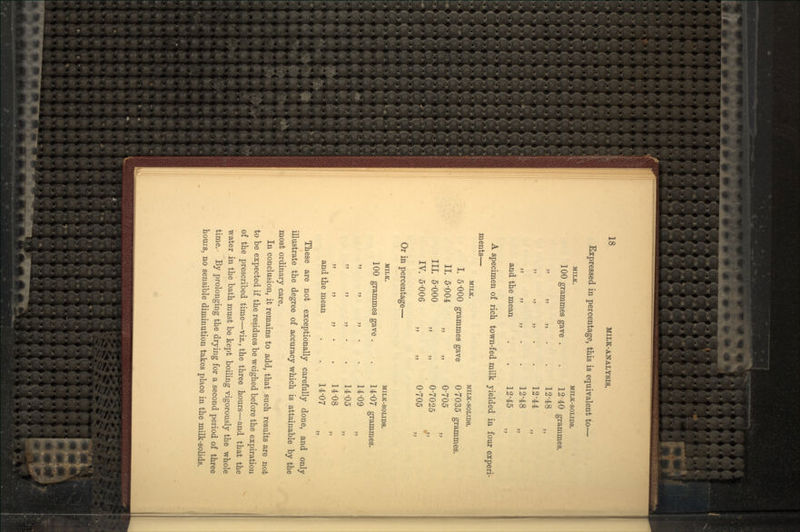 Expressed in percentage, this is equivalent to— MILK. MILK-SOLIDS. 100 grammes gave . . 12 40 grammes. „ „ „ . 12'48 ,, „ - 12-44 „ • 12-48 and the mean '*.?'' ^ 12-45 „ A specimen of rich town-fed milk yielded in four experi- ments— MILK. MILK-SOLIDS. I. 5 000 grammes gave 07035 grammes. II. 5-004 „ „ 0-705 III. 5-000 „ „ 0-7025 j, IV. 5-006 „ „ 0-705 Or in percentage— MILK. MILK-SOLIDS. 100 grammes gave . . 14'07 grammes. „ ,, ,, . . i4Uy ,, „ „ „ . . 14-05 » - 14-08 and the mean . . 14'07 „ These are not exceptionally carefully done, and only illustrate the degree of accuracy which is attainable by the most ordinary care. In conclusion, it remains to add, that such results are not to be expected if the residues be weighed before the expiration of the prescribed time—viz., the three hours—and that the water in the bath must be kept boiling vigorously the whole time. By prolonging the drying for a second period of three hours, no sensible diminution takes place in the milk-solids.