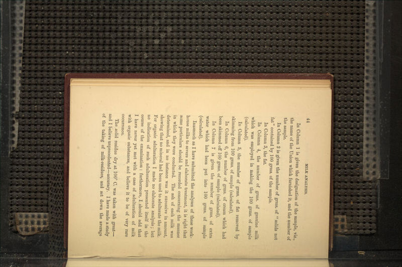 In Column 1 is given the designation of the sample, viz., the name of the Union which furnished it, and the number of the sample. In Column 2 is given the number of grms. of solids not fat contained by 100 grins, of the sample. In Column 3, the fat. In Column 4, the number of grms. of genuine milk which was employed in making the 100 grms. of sample (calculated). In Column 5, the number of grms. of fat removed by skimming from 100 grms. of sample (calculated). In Column 6, the number of grms. of cream which had been skimmed off 100 grms. of sample (calculated). In Column 7 is given the number of grms. of extra water which had been put into 100 grms. of sample (calculated). Inasmuch as I have submitted the analyses of these work- house milks to severe and elaborate treatment, it is right that some particulars should be recorded concerning the manner in which they were conducted. The ash of each milk was determined, and in no instance was it excessive in amount, showing that no mineral had been used to adulterate the milk. For organic adulteration I made no elaborate analysis; but no indication of such adulteration presented itself in the course of the examination : furthermore, I should add that I have never yet met with a case of adulteration of milk with organic substances, and believe it to be of very rare occurrence. The solid residue dry at 100° C. was taken with great— and I believe unprecedented—accuracy. I have made a study of the taking of milk-residues, and set down the average