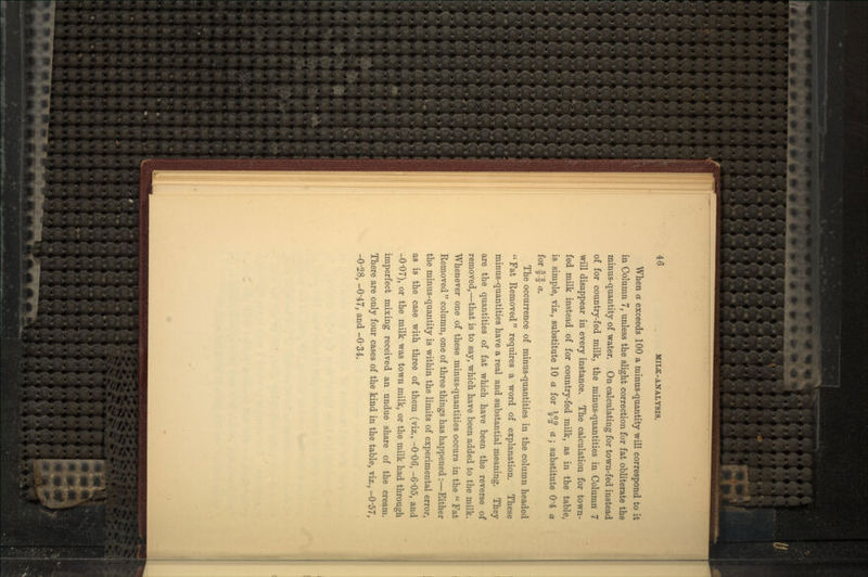 When a exceeds 100 a minus-quantity will correspond to it in Column 7, unless the slight correction for fat obliterate the minus-quantity of water. On calculating for town-fed instead of for country-fed milk, the minus-quantities in Column 7 will disappear in every instance. The calculation for town- fed milk instead of for country-fed milk, as in the table, is simple, viz., substitute 10 a for y?^ a; substitute 0'4 a for f :| a. The occurrence of minus-quantities in the column headed Fat Removed requires a word of explanation. These minus-quantities have a real and substantial meaning. They are the quantities of fat which have been the reverse of removed,—that is to say, which have been added to the milk. Whenever one of these minus-quantities occurs in the  Fat Removed  column, one of three things has happened :—Either the minus-quantity is within the limits of experimental error, as is the case with three of them (viz., -0'06, -6'05, and -0'07), or the milk was town milk, or the milk had through imperfect mixing received an undue share of the cream. There are only four cases of the kind in the table, viz., -0'57, -0-28, -0-47, and -0'34.