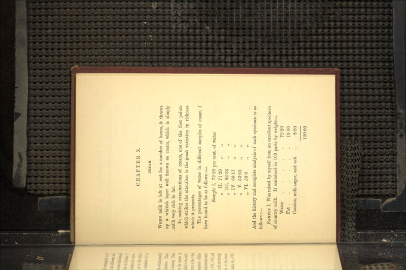 CEEAM. WHEN milk is left at rest for a number of hours, it throws up a whitish layer well known as cream, which is simply milk very rich in fat. In making examinations of cream, one of the first points which strikes the attention is the great variation in richness which it presents. The percentages of water in different samples of cream I have found to be as follows :— Sample I. 72'20 per cent, of water » n. 71-20 „ „ III. 66-36 „ IV. 60-17 „ „ „ V. 53-62 „ VI. 50-0 And the history and complete analysis of each specimen is as follows :— SAMPLE I. Was raised by myself from an excellent specimen of country milk. It contained in 100 parts by weight— Water 72-20 Fat 19-00 Caseine, milk-sugar, and ash . 8'80 100-00