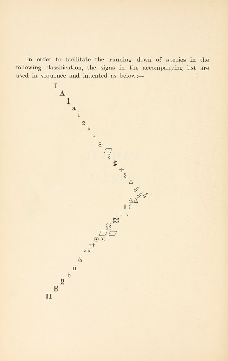 following classification, the signs in the accompanying list are used in sequence and indented as below:— I A 1 a i a * t © § A da? AA £3 §§ EJEJ ©0 tt ** J ii b 2 B II