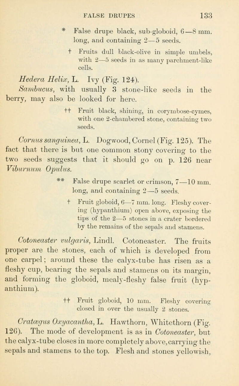 * False drupe black, sub-globoid, 6—8 mm. long, and containing 2—5 seeds. t Fruits dull black-olive in simple umbels, with 2—5 seeds in as many parchment-like cells. Hedera Helix, L. Ivy (Fig. 124). Sambucus, with usually 3 stone-like seeds in the berry, may also be looked for here. tt Fruit black, shining, in corymbose-cymes, with one 2-chambered stone, containing two seeds. Cornus sanguined, L. Dogwood, Cornel (Fig. 125). The fact that there is but one common stony covering to the two seeds suggests that it should go on p. 126 near Viburnum Opulus. ** False drupe scarlet or crimson, 7—10 mm. long, and containing 2—5 seeds. t Fruit globoid, 6—7 mm. long. Fleshy cover- ing (hypanthium) open above, exposing the tips of the 2—5 stones in a crater bordered by the remains of the sepals and stamens. Cotoneaster vulgaris, Lindl. Cotoneaster. The fruits proper are the stones, each of which is developed from one carpel; around these the calyx-tube has risen as a fleshy cup, bearing the sepals and stamens on its margin, and forming the globoid, mealy-fleshy false fruit (hyp- anthium). tt Fruit globoid, 10 mm. Fleshy covering closed in over the usually 2 stones. CraUegus Oxyacantha, L. Hawthorn, Whitethorn (Fig. 12G). The mode of development is as in Cotoneaster, but the calyx-tube closes in more completely above,carrying the sepals and stamens to the top. Flesh and stones yellowish,