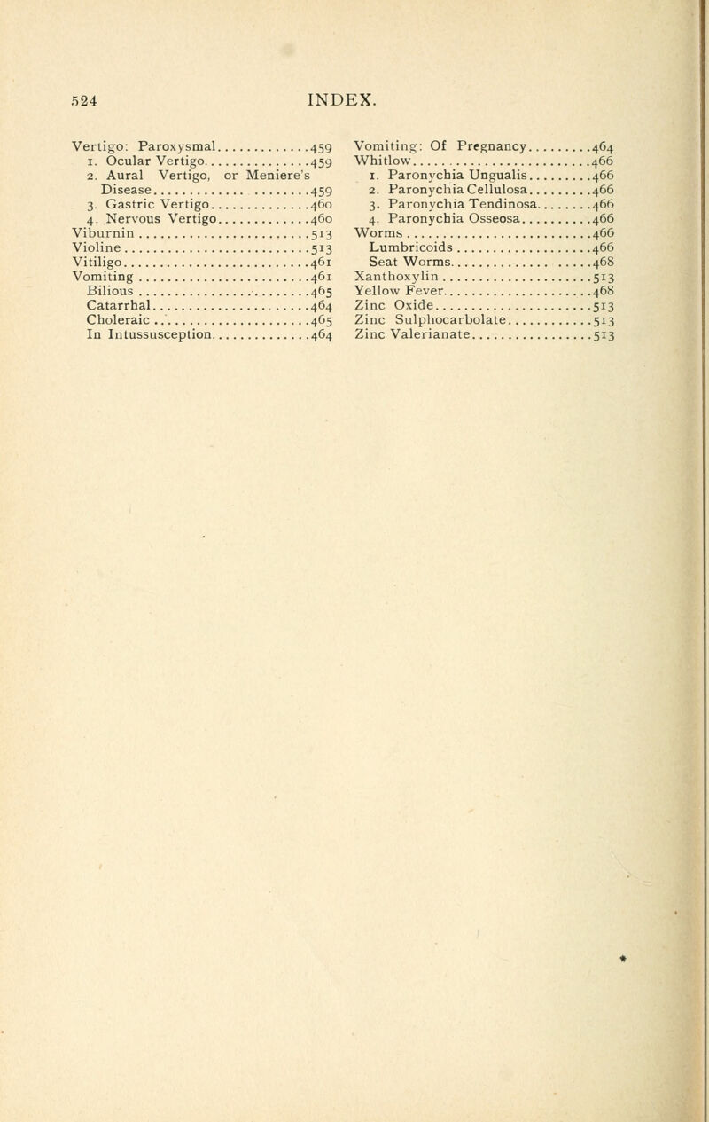 Vertigo: Paroxysmal 459 1. Ocular Vertigo 459 2. Aural Vertigo, or Meniere's Disease 459 3. Gastric Vertigo 460 4. Nervous Vertigo 460 Viturnin 513 Violine 513 Vitiligo 461 Vomiting 461 Bilious 465 Catarrhal 464 Choleraic 465 In Intussusception 464 Vomiting: Of Pregnancy 464 Whitlow 466 1. Paronychia Ungualis 466 2. Paronychia Cellulosa 466 3. Paronychia Tendinosa 466 4. Paronychia Osseosa 466 Worms 466 Lumbricoids 466 Seat Worms 468 Xanthoxylin 513 Yellow Fever 468 Zinc Oxide 513 Zinc Sulphocarbolate 513 Zinc Valerianate 513