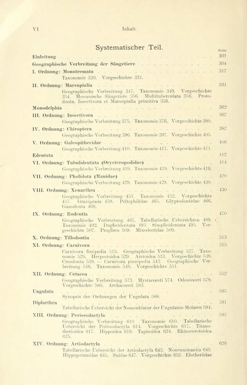 Systematischer Teil. g^.^^ Einleitung 301 Geographische Verhreitiing der Säugetiere 304 I. Ordnung: Monotremata 317 Taxonoruie 330. Vorgeschichte 331. II. Ordnung: Marsupialia 331 Geographische Verbreitung 347. Taxonomie 349. Vorgeschichte 3Ö4. Mesozoische Säugetiere 356. Multituberculata 356. Proto- donta, Insectivora et Marsupialia primitiva 358. Monodelphia 362 III. Ordnung: Insectivora 362 Geographische Verbreitung 375. Taxonomie 376. Vorgeschichte 380. IV. Ordnung: Chiroptera 382 Geographische Verbreitung 396. Taxonomie 397. Vorgeschichte 405. V. Ordnung: Galeopithecidae ^06 Geographische Verbreitung 410. Taxonomie411. Vorgeschichte 411. Edentata 112 VI. Ordnung: Tuhulidentata (Orycteropodidao) 414 Geographische Verbreitung 419. Taxonomie 419. Vorgeschichte 419. VII. Ordnung: Pholidota (Manidae) 42i) Geographische Verbreitung 429. Taxonomie 429. Vorgeschichte 430. VIII. Ordnung: Xenarthra -130 Geographische Verbreitung 451. Taxonomie 452. Vorgeschichte 457. Gravigrada 459. Peltephilidae 465. Glyptodontidae 466. Ganodonta 468. IX. Ordnung: Rodentia 470 Geographische Verbreitung 487. Tabellarische Uebersichteu 489. v Taxonomie 492. Duplicidentata 493. Simplicidentata 495. Vor- geschichte 507. Proglires 509. Mixodectidae 509. X. Ordnung: Tillodontia 513 XI. Ordnung: Carnivora 515 Carnivora fissipedia 515. Geographische Verbreitung 527. Taxo- nomie 529. Herpestoidea 529. Arctoidea 533. Vorgeschichte 538. Creodonta 538. — Carnivora pinnipedia 543. Geographische Ver- breitung 548. Taxonomie 548. Vorgeschichte 551. XII. Ordnung: Cetacea 552 Geographische Verbreitung 573. Mystacoceti 574. Udontoceti 578. Vorgeschichte 580. Archaeoceti 583. Ungulata 585 Synopsis der Ordnungen der Ungulata 588. Diplarthra 591 Tal^ellarische Uebersicht der Nomenklatur der Ungulaten-Molaren 594. XIII. Ordnung: Perissodactyla 597 Geographische Verbreitung 610 Taxonomie 610. Tabellarische Uebersicht der Perissodactyla 614. Vorgeschichte 617. Titano- therioidea 617. Hippoidea 619. Taoiroidea 624. Ehinocerotoidea 625. XIV. Ordnung: Artiodactyla 628 Tabellarische Uebersicht der Artiodactyla 643. Nonruminantia 645. Hippopotamidae 645. Suidae 647.. Vorgeschichte 652. Elotheriidae