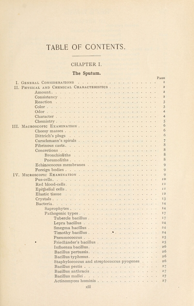 TABLE OF CONTENTS. CHAPTER I. The Sputum. Page I. General Considerations i II. Physical and Chemical Characteristics 2 Amount 2 Consistency 2 Reaction 3 Color 3 Odor 4 Character 4 Chemistry 5 III. Macroscopic Examination 6 Cheesy masses 6 Dittrich's plugs 6 Curschmann's spirals 7 Fibrinous casts 8 Concretions 8 Bronchioliths 8 Pneumoliths 8 Echinococcus membranes 9 Foreign bodies 9 IV. Microscopic Examination 9 Pus-cells io Red blood-cells 11 Epithelial cells -i i Elastic tissue 12 Crystals ^3 Bacteria i4 Saprophytes i4 Pathogenic types 17 Tubercle bacillus 17 Lepra bacillus 24 Smegma bacillus 24 Timothy bacillus * 24 Pneumococcus 25 • Friedlander's bacillus 25 Influenza bacillus 26 Bacillus pertussis 26 Bacillus typhosus 26 Staphylococcus and streptococcus pyogenes .... 26 Bacillus pestis 27 Bacillus anthracis 27 Bacillus mallei 27 Actinomyces hominis 27