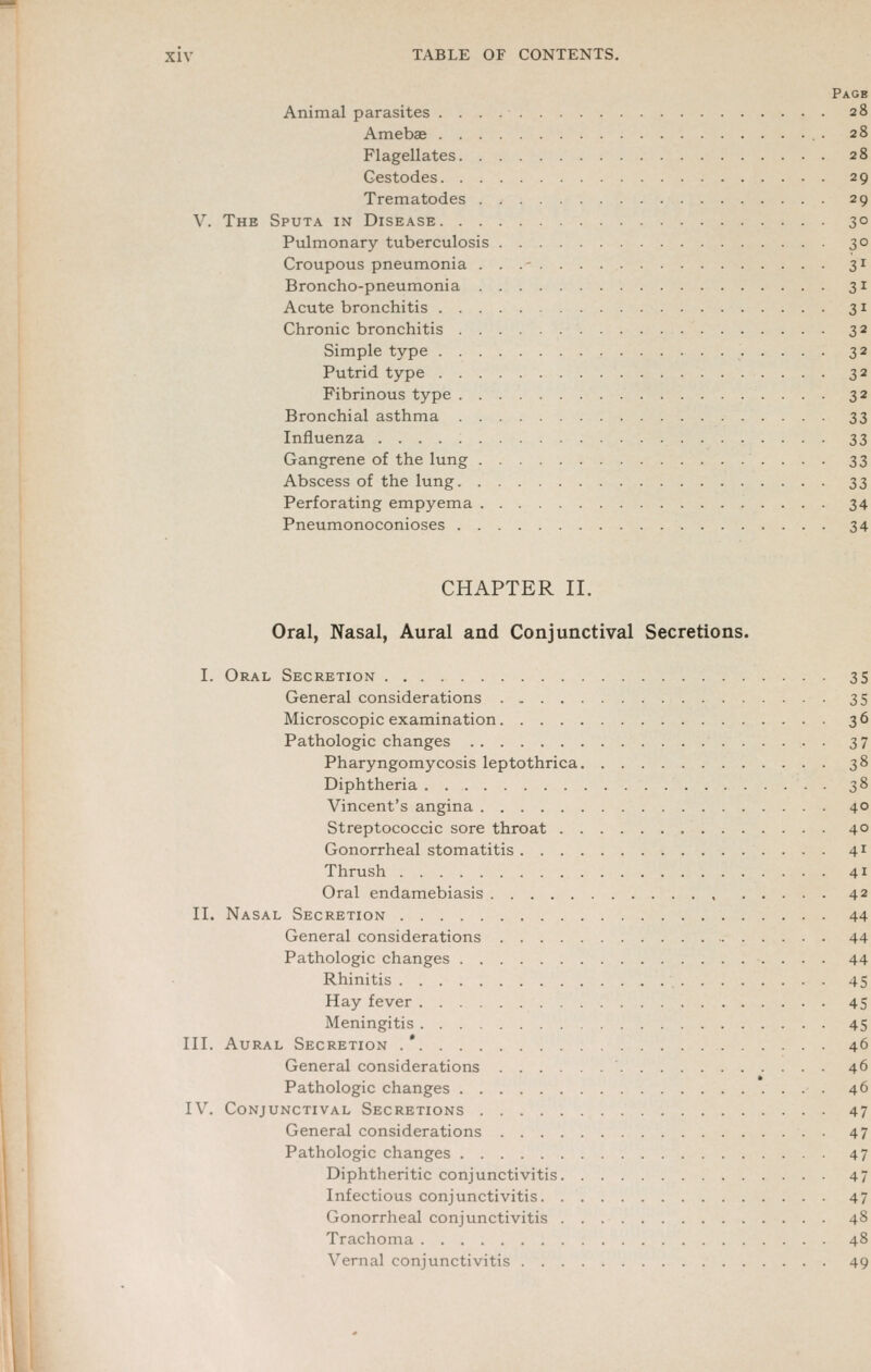 Page Animal parasites 28 Amebae ■ 28 Flagellates 28 Gestodes 29 Trematodes 29 V. The Sputa in Disease 30 Pulmonary tuberculosis 30 Croupous pneumonia 31 Broncho-pneumonia 31 Acute bronchitis 31 Chronic bronchitis 32 Simple type 32 Putrid type 32 Fibrinous type 32 Bronchial asthma 33 Influenza 33 Gangrene of the lung ^3 Abscess of the lung 33 Perforating empyema 34 Pneumonoconioses 34 CHAPTER 11. Oral, Nasal, Aural and Conjunctival Secretions. I. Oral Secretion 35 General considerations 35 Microscopic examination 36 Pathologic changes 37 Pharyngomycosis leptothrica 38 Diphtheria 38 Vincent's angina 40 Streptococcic sore throat 40 Gonorrheal stomatitis 4^ Thrush 41 Oral endamebiasis 42 II. Nasal Secretion 44 General considerations 44 Pathologic changes 44 Rhinitis 45 Hay fever 45 Meningitis 45 III. Aural Secretion .* 46 General considerations 46 Pathologic changes 46 IV. Conjunctival Secretions 47 General considerations 47 Pathologic changes 47 Diphtheritic conjunctivitis 4 7 Infectious conjunctivitis 47 Gonorrheal conjunctivitis 48 Trachoma 48 Vernal conjunctivitis 49