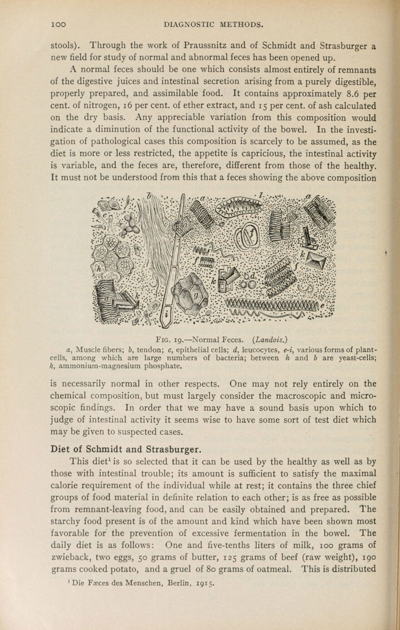 Stools). Through the work of Praussnitz and of Schmidt and Strasburger a new field for study of normal and abnormal feces has been opened up. A normal feces should be one which consists almost entirely of remnants of the digestive juices and intestinal secretion arising from a purely digestible, properly prepared, and assimilable food. It contains approximately 8.6 per cent, of nitrogen, i6 per cent, of ether extract, and 15 per cent, of ash calculated on the dry basis. Any appreciable variation from this composition would indicate a diminution of the functional activity of the bowel. In the investi- gation of pathological cases this composition is scarcely to be assumed, as the diet is more or less restricted, the appetite is capricious, the intestinal activity is variable, and the feces are, therefore, different from those of the healthy. It must not be understood from this that a feces showing the above composition ^-** • -I \/'K^^ Fig. 19.—Normal Feces. {Landois.) a, Muscle fibers; h, tendon; c, epithelial cells; d, leucocytes, e-i, various forms of plant- cells, among which are large numbers of bacteria; between h and b are yeast-cells; k, ammonium-magnesium phosphate. is necessarily normal in other respects. One may not rely entirely on the chemical composition, but must largely consider the macroscopic and micro- scopic findings. In order that we may have a sound basis upon which to judge of intestinal activity it seems wise to have some sort of test diet which may be given to suspected cases. Diet of Schmidt and Strasburger. This diet^ is so selected that it can be used by the healthy as well as by those with intestinal trouble; its amount is sufficient to satisfy the maximal calorie requirement of the individual while at rest; it contains the three chief groups of food material in definite relation to each other; is as free as possible from remnant-leaving food, and can be easily obtained and prepared. The starchy food present is of the amount and kind which have been shown most favorable for the prevention of excessive fermentation in the bowel. The daily diet is as follows: One and five-tenths liters of milk, 100 grams of zwieback, two eggs, 50 grams of butter, 125 grams of beef (raw weight), 190 grams cooked potato, and a gruel of 80 grams of oatmeal. This is distributed 'Die Fseces des Menschen, Berlin, 1915.