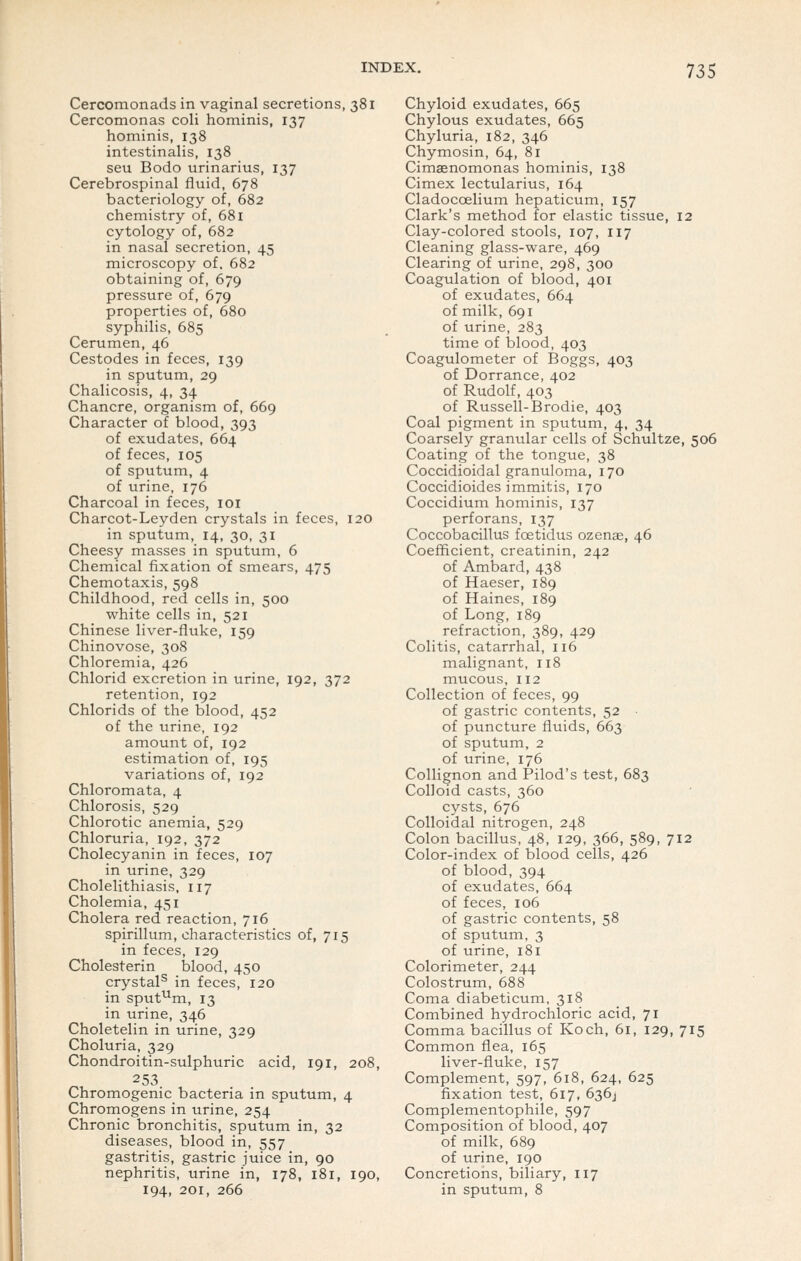 Cercomonads in vaginal secretions, 381 Cercomonas coli hominis, 137 hominis, 138 intestinalis, 138 seu Bodo urinarius, 137 Cerebrospinal fluid, 678 bacteriology of, 682 chemistry of, 681 cytology of, 682 in nasal secretion, 45 microscopy of, 682 obtaining of, 679 pressure of, 679 properties of, 680 syphilis, 685 Cerumen, 46 Cestodes in feces, 139 in sputum, 29 Chalicosis, 4, 34 Chancre, organism of, 669 Character of blood, 393 of exudates, 664 of feces, 105 of sputum, 4 of urine, 176 Charcoal in feces, loi Charcot-Leyden crystals in feces, 120 in sputum, 14, 30, 31 Cheesy masses in sputum, 6 Chemical fixation of smears, 475 Chemotaxis, 598 Childhood, red cells in, 500 white cells in, 521 Chinese liver-fluke, 159 Chinovose, 308 Chloremia, 426 Chlorid excretion in urine, 192, 372 retention, 192 Chlorids of the blood, 452 of the urine, 192 amount of, 192 estimation of, 195 variations of, 192 Chloromata, 4 Chlorosis, 529 Chlorotic anemia, 529 Chloruria, 192, 372 Cholecyanin in feces, 107 in urine, 329 Cholelithiasis, 117 Cholemia, 451 Cholera red reaction, 716 spirillum, characteristics of, 715 in feces, 129 Cholesterin blood, 450 crystal^ in feces, 120 in sputum, 13 in urine, 346 Choletelin in urine, 329 Choluria, 329 Chondroitin-sulphuric acid, 191, 208, 253. Chromogenic bacteria in sputum, 4 Chromogens in urine, 254 Chronic bronchitis, sputum in, 32 diseases, blood in, 557 gastritis, gastric juice in, 90 nephritis, urine in, 178, 181, 190, 194, 201, 266 Chyloid exudates, 665 Chylous exudates, 665 Chyluria, 182, 346 Chymosin, 64, 81 Cimaenomonas hominis, 138 Cimex lectularius, 164 Cladoccelium hepaticum, 157 Clark's method for elastic tissue, 12 Clay-colored stools, 107, 117 Cleaning glass-ware, 469 Clearing of urine, 298, 300 Coagulation of blood, 401 of exudates, 664 of milk, 691 of urine, 283 time of blood, 403 Coagulometer of Boggs, 403 of Dorrance, 402 of Rudolf, 403 of Russell-Brodie, 403 Coal pigment in sputum, 4, 34 Coarsely granular cells of Schultze, 506 Coating of the tongue, 38 Coccidioidal granuloma, 170 Coccidioides immitis, 170 Coccidium hominis, 137 perforans, 137 Coccobacillus foetidus ozenae, 46 Coefficient, creatinin, 242 of Ambard, 438 of Haeser, 189 of Haines, 189 of Long, 189 refraction, 389, 429 Colitis, catarrhal, 116 malignant, 118 mucous, 112 Collection of feces, 99 of gastric contents, 52 of puncture fluids, 663 of sputum, 2 of urine, 176 Collignon and Pilod's test, 683 Colloid casts, 360 cysts, 676 Colloidal nitrogen, 248 Colon bacillus, 48, 129, 366, 589, 712 Color-index of blood cells, 426 of blood, 394 of exudates, 664 of feces, 106 of gastric contents, 58 of sputum, 3 of urine, 181 Colorimeter, 244 Colostrum, 688 Coma diabeticum, 318 Combined hydrochloric acid, 71 Comma bacillus of Koch, 61, 129, 715 Common flea, 165 liver-fluke, 157 Complement, 597, 618, 624, 625 fixation test, 617, 636J Complementophile, 597 Composition of blood, 407 of milk, 689 of urine, 190 Concretions, biliary, 117 in sputum, 8