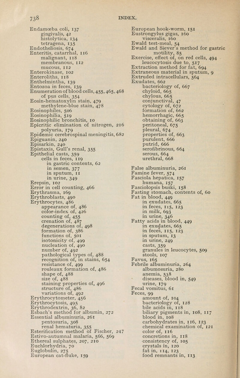 Endamoeba coli, 137 gingivalis, 42 histolytica, 134 tetragena, 135 Endotheliosis, 674 Enteritis, catarrhal, 116 malignant, 118 membranous, 112 mucous, 112 Enterokinase, 102 Enteroliths, 118 Enthelmintha, 139 Entozoa in feces, 139 Enumeration of blood cells, 455, 465, 468 of pus cells, 354 Eosin-hematoxylin stain, 479 methylene-blue stain, 478 Eosinophiles, 506 Eosinophilia, 519 Eosinophilic bronchitis, 10 Epicritic elimination of nitrogen, 216 polyuria, 179 Epidemic cerebrospinal meningitis, 682 Epiguanin, 240 Episarkin, 240 Epistaxis, Gull's renal, 355 Epithelial casts, 359 cells in feces, 119 in gastric contents, 62 in semen, 377 in sputum, 11 in urine, 349 Erepsin, 102 Error in cell counting, 466 Erythrasma, 169 Erythroblasts, 490 Erythrocytes, 486 appearance of, 486 color-index of, 426 counting of, 455 crenation of, 487 degenerations of, 498 formation of, 386 functions of, 501 isotonicity of, 499 nucleation of, 490 number of, 492 pathological types of, 488 recognition of, in stains, 654 resistance of, 499 rouleaux formation of, 486 shape of, 488 size of, 488 staining properties of, 496 structure of, 486 variations of, 492 Erythrocytometer, 456 Erythrocytosis, 495 Erythrodextrin, 36, 82 Esbach's method for albumin, 272 Essential albuminuria, 261 pentosuria, 308 renal hematuria, 355 Esterification method of Fischer, 247 Estivo-autumnal malaria, 566, 569 Ethereal sulphates, 207, 210 Euchlorhydria, 70 Euglobulin, 275 European cat-fluke, 159 European hook-worm, 151 Eustrongylus gigas, 160 visceralis, 160 Ewald test-meal, 54 Ewald and Siever's method for gastric motility, 85 Exercise, effect of, on red cells, 494 leucocytosis due to, 517 Extraction method for fat, 694 Extraneous material in sputum, 9 Extruded intracellulars, 564 Exudates, 662 bacteriology of, 667 chyloid, 665 chylous, 665 conjunctival, 47 cytology of, 672 formation of, 662 hemorrhagic, 665 obtaining of, 663 peritoneal, 675 pleural, 674 properties of, 663 purulent, 666 putrid, 666 serofibrinous, 664 serous, 664 urethral, 668 False albuminuria, 261 Famine fever, 574 Fasciola hepatica, 157 humana, 157 Fasciolopsis buski, 158 Fasting stomach, contents of, 60 Fat in blood, 449 in exudates, 665 in feces, 115, 123 in milk, 693 in urine, 346 Fatty acids in blood, 449 in exudates, 665 in feces, 115, 123 in sputum, 13 in urine, 249 casts, 359 granules in leucocytes, 509 stools, 107 Favus, 165 Febrile albuminuria, 264 albumosuria, 280 anemia, 538 diseases, blood in, 549 urine, 179 Fecal vomitus, 61 Feces, 99 amount of, 104 bacteriology of, 128 bile acids in, 118 biliary pigments in, 108, 117 blood in, 108 carbohydrates in, 116, 123 chemical examination of, 121 color of, 116 concretions in, 118 consistency of, 105 crystals in, 120 fat in, 114, 123 food remnants in, 113