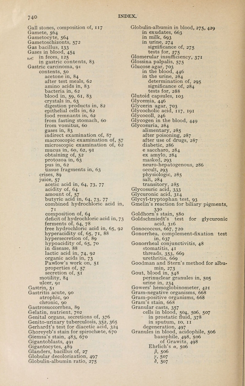 Gall stones, composition of, 117 Gamete, 564 Gametocyte, 564 Gametoschizonts, 572 Gas bacillus, 133 Gases in blood, 454 ^j,2 in feces, 125 in gastric contents, 83 Gastric carcinoma, 91 contents, 50 acetone in, 84 after test meals, 62 amino acids in, 83 bacteria in, 62 blood in, 59, 61, 83 crystals in, 63 digestion products in, 82 epithelial cells in, 62 food remnants in, 62 from fasting stomach, 60 from vomitus, 60 gases in, 83 indirect examination of, 87 macroscopic examination of, 57 microscopic examination of, 62 mucus in, 60, 62, 91 obtaining of, 52 protozoa in, 63 pus in, 62 tissue fragments in, 63 crises, 89 juice, 57 acetic acid in, 64, 73, 77 acidity of, 64 amount of, 57 butyric acid in, 64, 73, 77 combined hydrochloric acid in, composition of, 64 deficit of hydrochloric acid in, 73 ferments of, 64, 78 free hydrochloric acid in, 65, 92 hyperacidity of, 65, 71, 88 hypersecretion of, 89 hypoacidity of, 65, 70 in disease, 88 lactic acid in, 74, 92 organic acids in, 73 Pawlow's work on, 51 properties of, 57 secretion of, 51 motility, 84 ulcer, 91 Gastrin, 51 Gastritis acute, 90 atrophic, 90 chronic, 90 Gastrosuccorrhea, 89 Gelatin, nutrient, 702 Genital organs, secretions of, 376 Genito-urinary tuberculosis, 352, 365 Gerhardt's test for diacetic acid, 324 Ghoreyeb's stain for spirochaete, 670 Giemsa's stain, 483, 670 Gigantoblasts, 491 Gigantocytes, 489 Glanders, bacillus of, 27 Globular decolorization, 497 Globulin-albumin ratio, 275 Globulin-albumin in blood, 275, 429 in exudates, 663 in milk, 693 in urine, 274 significance of, 275 tests for, 275 Glomerular insufficiency, 371 Glossina palpalis, 575 Glucose agar, 703 in the blood, 446 in the urine, 284 determination of, 295 significance of, 284 tests for, 288 Glutoid capsules, 103 Glycemia, 446 Glycerin agar, 703 Glycocholic acid, 117, 191 GlycocoU, 246 Glycogen in the blood, 449 Glycosuria, 284 alimentary, 285 after poisoning, 287 after use of drugs, 287 diabetic, 286 e saccharo, 284 ex amylo, 284 masked, 293 neuro-hepatogenous, 286 occult, 293 physiologic, 285 salt, 284 transitory, 285 Glycosuric acid, 333 Glycuronic acid, 314 Glycyl-tryptophan test, 93 Gmelin's reaction for biliary pigments, 330 Goldhorn's stain, 580 Goldschmiedt's test for glycuronic acid, 316 Gonococcus, 667, 720 Gonorrhea, complement-fixation test in, 637 Gonorrheal conjunctivitis, 48 stomatitis, 41 threads, 353, 669 urethritis, 669 Goodman and Stern's method for albu- min, 273 Gout, blood in, 548 perinuclear granules in, 505 urine in, 234 Gowers' hemoglobinometer, 421 Gram-negative organisms, 668 Gram-positive organisms, 668 Gram's stain, 668 Granular casts, 357 cells in blood, 504, 506, 507 in prostatic fluid, 378 in sputum, 10, 11 degeneration, 497 Granules in blood, acidophile, 506 basophile, 498, 506 of Grawitz, 498 Ehrlich's a, 506 /?, 506 r. 507 s, 507