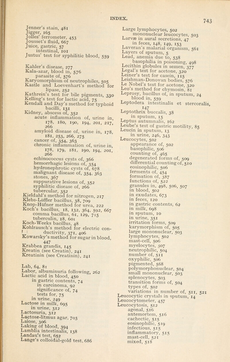 743 Jenner's stain, 481 Jigger, 165 Jolles' ferrometer, 453 Jousset's fluid, 667 Juice, gastric, 57 intestinal, loi Justus' test for syphilitic blood, 559 Kahler's disease, 277 Kala-azar, blood in, 576 parasite of, 576 Karyomorphism of neutrophiles, 505 Kastle and Loevenhart's method for lipase, 252 Kathrein's test for bile pigments, 330 Kelling's test for lactic acid, 75 Kendall and Day's method for typhoid bacilli, 131 Kidney, abscess of, 352 acute inflammation of, urine in, 178, 180, 190, 194, 201, 217,' 266 amyloid disease of, urine in, 178, 181, 253, 266, 275 cancer of, 354, 363 chronic inflammation of, urine in, 178, 179, 181, 190, 194, 201! 266 echinococcus cysts of, 366 hemorrhagic lesions of, 354 hydronephrotic cysts of, 678 malignant disease of, 354, 363 stones, 367 suppurative lesions of, 352 syphilitic disease of, 266 tubercular, 352 Kjeldahl's method for nitrogen, 217 Klebs-Loffler bacillus, 38, 709 Knop-Hufner method for urea, 222 Koch's bacillus, 18, 132, 364, 592, 667 comma bacillus, 61, 129, 715 tuberculin, 18, 601 Koch-Weeks bacillus, 48 Kohlrausch's method for electric con- ' • ductivity, 371, 406 Kowarsky's method for sugar in blood, 447 Krabbea grandis, 145 Kreatin (see Creatin), 241 Kreatinin (see Creatinin), 241 Lab, 64, 81 Labor, albuminuria following, 262 Lactic acid in blood, 450 in gastric contents, 74 in carcinoma, 92 significance of, 74 tests for, 75 in urine, 249 Lactose in milk, 695 in urine, 312 Lactosuria, 312 Lactose-litmus agar, 703 Laiose, 306 Laking of blood, 394 Lamblia intestinalis, 138 Landau's test, 652 Lange's colloidal-gold test, 686 Large lymphocytes, 502 mononuclear leucocytes, 503 Larvae in aural secretions, 47 in feces, 148, 149, 153 Laveran's malarial organism, 561 Layers of sputum, 5 Lead, anemia due to, 538 _ basophilia in poisoning, 498 Lecithin globules in semen, 377 Legal's test for acetone, 320 Leiner's test for casein, 115 Leishman-Donovan bodies, 576 Le Nobel's test for acetone, 320 Leo's method for chymosin, 8r Leprosy, bacillus of, in sputum, 24 blood in, 559 Leptodera intestinalis et stercoralis , ^47 Leptothnx buccalis, 38 in sputum, 15 Leptus autumnalis, 162 Leube's test of gastric motility, 85 Leucin in sputum, 13 in urine, 246, 343 Leucocytes, 502 appearance of, 502 basophilic, 506 counting of, 465 degenerated forms of, 509 differential counting of, 510 eosinophilic, 506 ferments of, 454 formation of, 387 functions of, 522 granules in, 498, 506, 507 in blood, 502 in exudates, 673 in feces, 120 in gastric contents, 62 in milk, 698 in sputum, 10 in urine, 351 irritation forms, 509 karymorphism of, 505 large mononuclear, 503 lymphocytes, 502 mast-cell, 506 myelocytes, 507 neutrophilic, 504 number of, 511 oxyphilic, 506 pigmented, 568 polymorphonuclear, 504 small mononuclear, 503 splenocytes, 503 transition forms of, 504 types of, 502 variations in number of, 511, 521 Leucocytic crystals in sputum, 14 Leucocytometer, 457 Leucocytosis, 512 agonal, 516 antemortem, 516 cachectic, 515 eosinophilic, 5 [9 infectious, 515 inflammatory, 515 mast-cell, 521 mixed, 518