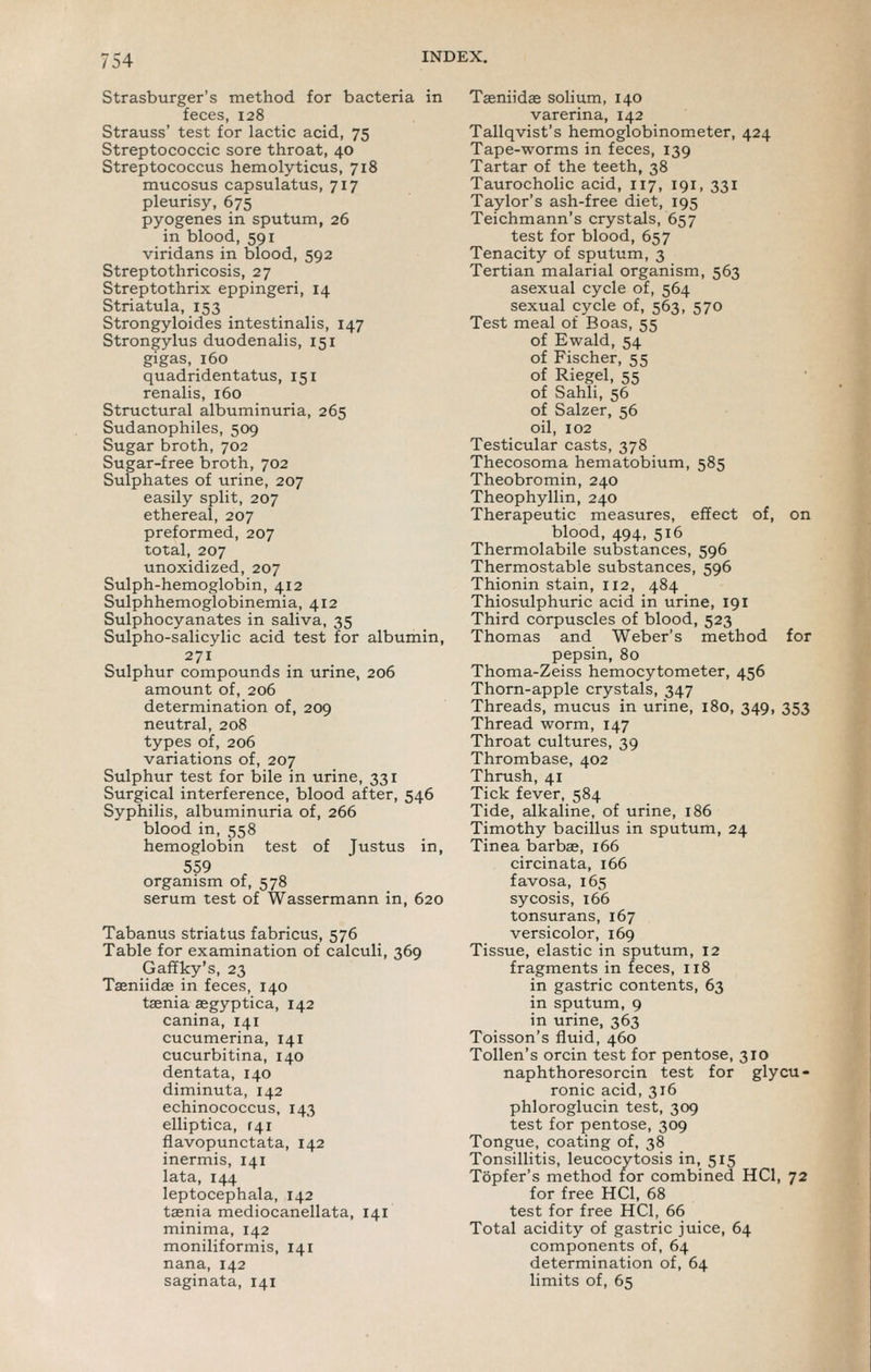 Strasburger's method for bacteria in feces, 128 Strauss' test for lactic acid, 75 Streptococcic sore throat, 40 Streptococcus hemolyticus, 718 mucosus capsulatus, 717 pleurisy, 675 pyogenes in sputum, 26 in blood, 591 viridans in blood, 592 Streptothricosis, 27 Streptothrix eppingeri, 14 Striatula, 153 Strongyloides intestinalis, 147 Strongylus duodenalis, 151 gigas, 160 quadridentatus, 151 renalis, 160 Structural albuminuria, 265 Sudanophiles, 509 Sugar broth, 702 Sugar-free broth, 702 Sulphates of urine, 207 easily split, 207 ethereal, 207 preformed, 207 total, 207 unoxidized, 207 Sulph-hemoglobin, 412 Sulphhemoglobinemia, 412 Sulphocyanates in saliva, 35 Sulpho-salicylic acid test for albumin, 271 Sulphur compounds in urine, 206 amount of, 206 determination of, 209 neutral, 208 types of, 206 variations of, 207 Sulphur test for bile in urine, 331 Surgical interference, blood after, 546 Syphilis, albuminuria of, 266 blood in, 558 hemoglobin test of Justus in, 559 organism of, 578 serum test of Wassermann in, 620 Tabanus striatus fabricus, 576 Table for examination of calculi, 369 Gaffky's, 23 Taeniidag in feces, 140 taenia aegyptica, 142 canina, 141 cucumerina, 141 cucurbitina, 140 dentata, 140 diminuta, 142 echinococcus, 143 elliptica, 1^1 flavopunctata, 142 inermis, 141 lata, 144 leptocephala, 142 t^nia mediocanellata, 141 minima, 142 moniliformis, 141 nana, 142 saginata, 141 Taeniid^ solium, 140 varerina, 142 Tallqvist's hemoglobinometer, 424 Tape-worms in feces, 139 Tartar of the teeth, 38 Taurocholic acid, 117, 191, 331 Taylor's ash-free diet, 195 Teichmann's crystals, 657 test for blood, 657 Tenacity of sputum, 3 Tertian malarial organism, 563 asexual cycle of, 564 sexual cycle of, 563, 570 Test meal of Boas, 55 of Ewald, 54 of Fischer, 55 of Riegel, 55 of Sahli, 56 of Salzer, 56 oil, 102 Testicular casts, 378 Thecosoma hematobium, 585 Theobromin, 240 Theophyllin, 240 Therapeutic measures, effect of, on blood, 494, 516 Thermolabile substances, 596 Thermostable substances, 596 Thionin stain, 112, 484 Thiosulphuric acid in urine, 191 Third corpuscles of blood, 523 Thomas and Weber's method for pepsin, 80 Thoma-Zeiss hemocytometer, 456 Thorn-apple crystals, 347 Threads, mucus in urine, 180, 349, 353 Thread worm, 147 Throat cultures, 39 Thrombase, 402 Thrush, 41 Tick fever, 584 Tide, alkaline, of urine, 186 Timothy bacillus in sputum, 24 Tinea barbae, 166 circinata, 166 favosa, 165 sycosis, 166 tonsurans, 167 versicolor, 169 Tissue, elastic in sputum, 12 fragments in feces, 118 in gastric contents, 63 in sputum, 9 in urine, 363 Toisson's fluid, 460 ToUen's orcin test for pentose, 310 naphthoresorcin test for glycu- ronic acid, 316 phloroglucin test, 309 test for pentose, 309 Tongue, coating of, 38 Tonsillitis, leucocytosis in, 515 Topfer's method for combined HCl, 72 for free HCl, 68 test for free HCl, 66 Total acidity of gastric juice, 64 components of, 64 determination of, 64 limits of, 65