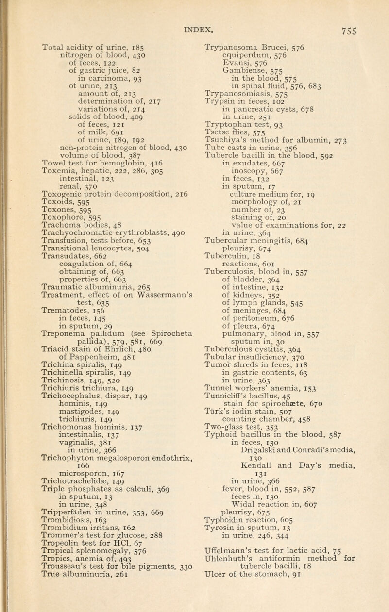 Total acidity of urine, 185 nitrogen of blood, 430 of feces, 122 of gastric juice, 82 in carcinoma, 93 of urine, 213 amount of, 213 determination of, 217 variations of, 214 solids of blood, 409 of feces, 121 of milk, 691 of urine, 189, 192 non-protein nitrogen of blood, 430 volume of blood, 387 Towel test for hemoglobin, 416 Toxemia, hepatic, 222, 286, 305 intestinal, 123 renal, 370 Toxogenic protein decomposition, 216 Toxoids, 595 Toxones, 595 Toxophore, 595 Trachoma bodies, 48 Trachyochromatic erythroblasts, 490 Transfusion, tests before, 653 Transitional leucocytes, 504 Transudates, 662 coagulation of, 664 obtaining of, 663 properties of, 663 Traumatic albuminuria, 265 Treatment, effect of on Wassermann's test, 635 Trematodes, 156 in feces, 145 in sputum, 29 Treponema pallidum (see Spirocheta pallida), 579, 581, 669 Triacid stain of Ehrlich, 480 of Pappenheim, 481 Trichina spiralis, 149 Trichinella spiralis, 149 Trichinosis, 149, 520 Trichiuris trichiura, 149 Trichocephalus, dispar, 149 hominis, 149 mastigodes, 149 trichiuris, 149 Trichomonas hominis, 137 intestinalis, 137 vaginalis, 381 in urine, 366 Trichophyton megalosporon endothrix, 166 microsporon, 167 Trichotrachelidae, 149 Triple phosphates as calculi, 369 in sputum, 13 in urine, 348 Tripperfaden in urine, 353, 669 Trombidiosis, 163 Trombidium irritans, 162 Trommer's test for glucose, 288 Tropeolin test for HCl, 67 Tropical splenomegaly, 576 Tropics, anemia of, 493 Trousseau's test for bile pigments, 330 Tru.e albuminuria, 261 Trypanosoma Brucei, 576 equiperdum, 576 Evansi, 576 Gambiense, 575 in the blood, 575 in spinal fluid, 576, 683 Trypanosomiasis, 575 Trypsin in feces, 102 in pancreatic cysts, 678 in urine, 251 Tryptophan test, 93 Tsetse flies, 575 Tsuchiya's method for albumin, 273 Tube casts in urine, 356 Tubercle bacilli in the blood, 592 in exudates, 667 inoscopy, 667 in feces, 132 in sputum, 17 culture medium for, 19 morphology of, 21 number of, 23 staining of, 20 value of examinations for, 22 in urine, 364 Tubercular meningitis, 684 pleurisy, 674 Tuberculin, 18 reactions, 601 Tuberculosis, blood in, 557 of bladder, 364 of intestine, 132 of kidneys, 352 of lymph glands, 545 of meninges, 684 of peritoneum, 676 of pleura, 674 pulmonary, blood in, 557 sputum in, 30 Tuberculous cystitis, 364 Tubular insufficiency, 370 Tumoi: shreds in feces, 118 in gastric contents, 63 in urine, 363 Tunnel workers' anemia, 153 Tunnicliff's bacillus, 45 stain for spirochaete, 670 Turk's iodin stain, 507 counting chamber, 458 Two-glass test, 353 Typhoid bacillus in the blood, 587 in feces, 130 Drigalski and Conradi's media, 130 Kendall and Day's media, 131 in urine, 366 fever, blood in, 552, 587 feces in, 130 Widal reaction in, 607 pleurisy, 675 Typhoidin reaction, 605 Tyrosin in sputum, 13 in urine, 246, 344 UfTelmann's test for lactic acid, 75 Uhlenhuth's antiformin method for tubercle bacilli, 18 Ulcer of the stomach, 91