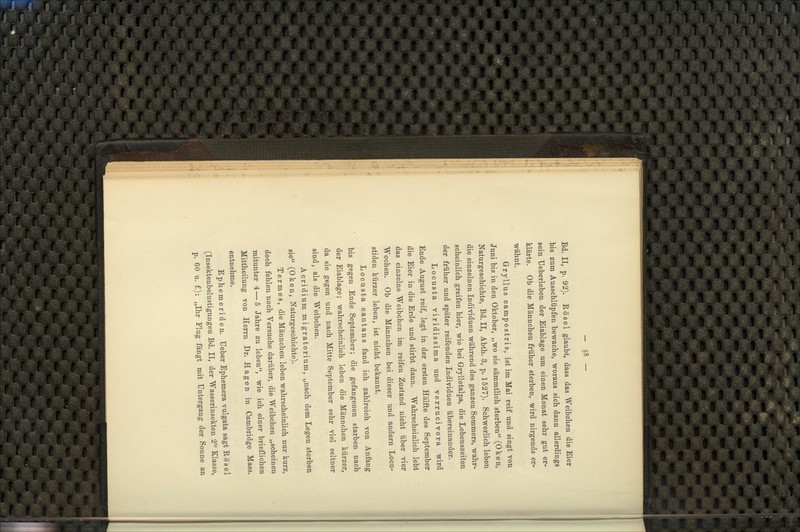 Bd. II, p. 92). Kösel glaubt, dass das Weibchen die Eier bis zum Ausschlüpfen bewache, woraus sich dann allerdings sein Ueberleben der Eiablage um einen Monat sehr gut er- klärte. Ob die Männchen früher sterben, wird nirgends er- wähnt. Gryllus campestris, ist im Mai reif und singt von Juni bis in den Oktober, „wo sie sämmtlich sterben (Oken, Naturgeschichte, Bd. II, Abth. 3, p. 1527). Schwerlich leben die einzelnen Individuen während des ganzen Sommers, wahr- scheinlich greifen hier, wie bei Gryllotalpa, die Lebenszeiten der früher und später reifenden Individuen übereinander. Locusta viridissima und verrucivora wird Ende August reif, legt in der ersten Hälfte des September die Eier in die Erde und stirbt dann. Wahrscheinlich lebt das einzelne Weibchen im reifen Zustand nicht über vier Wochen. Ob die Männchen bei dieser und andern Locu- stiden kürzer leben, ist nicht bekannt. Locusta cantans fand ich zahlreich von Anfang bis gegen Ende September; die gefangenen starben nach der Eiablage; wahrscheinlich leben die Männchen kürzer, da sie gegen und nach Mitte September sehr viel seltner sind, als die Weibchen. Acridium migratorium, „nach dem Legen sterben sie (Oken, Naturgeschichte). T e r m e s, die Männchen leben wahrscheinlich nur kurz, doch fehlen noch Versuche darüber, die Weibchen „scheinen mitunter 4—5 Jahre zu leben, wie ich einer brieflichen Mittheilung von Herrn Dr. Hagen in Cambridge Mass. entnehme. Ephemeriden. lieber Ephemera vulgata sagt Röse 1 (Insektenbelustigungen Bd. II, der Wasserinsekten 2'^ Klasse, p. 60 u. f.): „Ihr Flug fängt mit Untergang der Sonne an