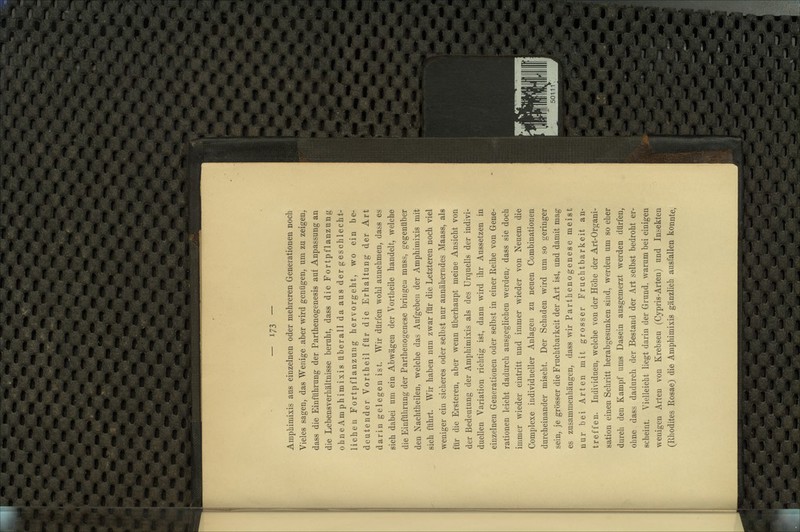 Amphimixis aus einzelnen oder mehreren Generationen noch Vieles sagen, das Wenige aber wird genügen, um zu zeigen, dass die Einführung der Parthenogenesis auf Anpassung an die Lebensverhältnisse beruht, dass die Fortpflanzung ohne Am phimixis tiberall da aus der geschlecht- lichen Fortpflanzung hervorgeht, wo ein be- deutender Vortheil für die Erhaltung der Art darin gelegen ist. Wir dürfen wohl annehmen, dass es sich dabei um ein Abwägen der Vortheile handelt, welche die Einführung der Parthenogenese bringen muss, gegenüber den Nachtheilen, welche das Aufgeben der Amphimixis mit sich führt. Wir haben nun zwar für die Letzteren noch viel weniger ein sicheres oder selbst nur annäherndes Maass, als für die Ersteren, aber wenn überhaupt meine Ansicht von der Bedeutung der Amphimixis als des Urquells der indivi- duellen Variation richtig ist, dann wird ihr Aussetzen in einzelnen Generationen oder selbst in einer Reihe von Gene- rationen leicht dadurch ausgeglichen werden,- dass sie doch immer wieder eintritt und immer wieder von Neuem die Complexe individueller Anlagen zu neuen Combinationen durcheinander mischt. Der Schaden wird um so geringer sein, je grösser die Fruchtbarkeit der Art ist, und damit mag es zusammenhängen, dass wir Parthenogenese meist nur bei Arten mit grosser Fruchtbarkeit an- treffen. Individuen, welche von der Höhe der Art-Organi- sation einen Schritt herabgesunken sind, werden um so eher durch den Kampf ums Dasein ausgemerzt werden dürfen, ohne dass dadurch der Bestand der Art selbst bedroht er- scheint. Vielleicht liegt darin der Grund, warum bei einigen wenigen Arten von Krebsen (Cypris-Arten) und Insekten (Rhodites Rosae) die Amphimixis gänzlich ausfallen konnte,