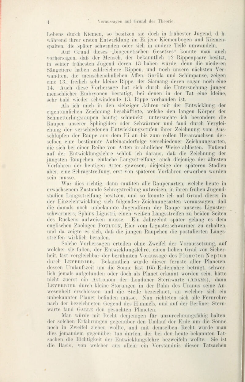 Leiten^ durch Kiemen, so besitzen sie dooli in fiüliester Jugend, d. h. während ihrer ersten P^ntwicklung im FA jene Kiemenbogen und Kienien- spalten. die si)äter schwinden odei' sich in andere Teile umwandeln. Auf (Irund dieses ..biogenetischen Gesetzes konnte man auch vorhersagen, daü der Mensch, der bekanntlich 12 Kiitpenpaare besitzt, in seiner frühesten Jugend deren 1.') hal)en würde, denn die niederen Säugetieie haben zahlreichere Rippen, und noch unsere nächsten \'er- wandten. die menschenähnlichen Alien, (ioriila und Schimpanse, zeigen eine 13.. freilich sehi- kleine Rippe, der Sianiang deren sogar nocli eine 14. Auch diese \'orhersage hat sich durch die Untersuchung junger menschlicher Embryonen bestätigt, bei denen in der Tat eine kleine, sehr bald wieder schwindende 1;>. Ripi)e vorhanden ist. Als ich mich in den siebziger Jahren mit der Entwicklung der eigentümlichen Zeichnung beschäftigte, welche den langen Körper der Schmetterlingsraui)en häutig schmückt, untersuchte ich besonders die Raupen unserer Si)hingi(len oder Schwärmer und fand durch \'erglei- chung der verschiedenen Entwicklungsstufen ihrer Zeichnung vom Aus- schlüpfen der Raupe aus dem Ei an bis zum vollen Heranwachsen der- selben eine bestimmte Aufeinanderfolge verschiedener Zeichnungsarten, die sich bei einer Reihe von Arten in ähnlicher Weise ablösten. Fußend auf der Entwicklungslehre schloß ich daraus, daß die Zeichnung der jüngsten Räupchen, einfache Längsstreifung. auch diejenige der ältesten Vorfahren der heutigen Arten gewesen, diejenige der späteren Stadien aber, eine Schrägstreifung, erst von späteren \'orfahren erworben worden sein müsse. War dies richtig, dann mußten alle Raupenarten, welche heute in erwachsenem Zustande Schrägstreifung aufweisen, in ihren frühen Jugend- stadien Längsstreifung l)esitzen. und so konnte ich auf (xrund dieser in der Einzelentwicklung sich folgenden Zeichnungsarten voraussagen, ilaß die damals noch unbekannte Jugendform der Raui)e unseres Liguster- schwärmers. Sphinx Ligustri. einen weißen Längsstreifen zu beiden Seiten des Rückens aufweisen müsse. Ein Jahrzehnt si)ätei- gelang es dem englischen Zoologen Poulton. Eier vom Ligusterschwärmer zu erhalten, und da zeigte es sich, daß die jungen Räupchen die ])ostulierten Längs- streifen wirklich besaßen. Solche \'orliersagen erteilen ohne Zweifel der \oi-aussetzung. auf welcher sie fußen, der Entwicklungslehre, einen hohen (irad von Sicher- heit, fast vergleichbar der l)erühniten \ oraussage des Planeten Neptun durch Leverrier. Bekanntlich würde dieser fernste aller Planeren, dessen Emlaufszeit um die Sonne fast Kk) Erdenjahre beträgt, schwer- lich jemals aufgefunden oder doch als Planet erkannt worden sein, hätte nicht zuerst ein Astronom der Londoner Sternwarte (Adams), dann Leverrier durch kleine Störungen in der Rahn de^ Lranus seine An- wesenheit erschlossen uiul die Stelle bezeichnet, an welcher sich ein unbekannter Planet befinden müsse. Nun richteten sich alle Fernrohre nach der bezeichneten (iegend des Himmels, und auf der P.erliner Stein- waite fand (Ialle den gesuchten Planeten. Man würde mit Hecht denjenigen für uiiznieclinuiig.-fäliig halten, dci- volclieii Erfahrunizen gegenül)er den Umlauf der Erde um die Sonne iKicli in Zweifel ziehen wollte, uml mit (lemsell)en Recht würde man dies jemandem gegenüber tun düifen. der bei den heute bekannten Tat- sachen die Richtigkeit der Entwicklungslehre liezweifeln wollte. Sie ist die Pasis. von wejciier mun allein ein \(Mständni> dieser Tatsachen