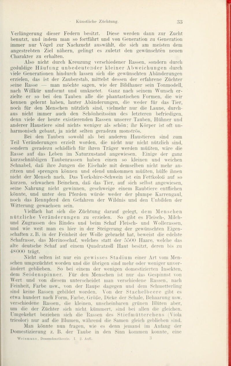 ^'el•längerung dieser Federn l)e^itzt. Diese weiden dann zur Zucht benutzt, und indem man so fortfährt und von Generation zu (ieneration immer nur \öge\ zur Nachzucht auswählt, die sich am meisten dem angestreiften Ziel nähern, gelingt es zuletzt den gewünschten neuen Charakter zu erhalten. Also nicht durch Kreuzung verschiedener Rassen, sondern durch geduldige Häufung unl)edeuten(ler kleiner Abweichungen durch ^iele (ienerationen hindurch lassen sich die gewünschten Abänderungen erzielen, das ist der Zauberstab, mittelst dessen der erfahrene Züchter seine Kasr^e — man ni<»chte sagen, wie der Bildhauer sein Tonmodell, nach Willkür umformt und umknetet, (ianz nach seinem Wunsch er- zielte er so bei den Tauben alle die jdiantastischen Formen, die wir kennen gelernt haben, lauter Abänderungen, die weder für das Tier, nocli für den Menschen nützlich sind, vielmehr nur die Laune, durch- aus nicht immer auch den Schönheitssinn des letzteren befriedigen, denn viele der heute existierenden Rassen unserer Tauben. Hühner und anderer Haustiere sind nichts weniger als schön: ihr Körper ist oft un- harmonisch gebaut, ja nicht selten geradezu monströs. Bei den Tauben sowohl als bei anderen Haustieren sind zum Teil \'eränderungen erzielt worden, die nicht nur nicht nützlich sind, sondern geradezu schädlich für ihren Träger werden müßten, wäre die Rasse auf das Leben im Naturzustand angewiesen. Einige der ganz kurzschnäbligen Taubenrassen haben einen so kleinen und weichen Sciinabel. daß ihre Jungen die Eischale mit demselben nicht mehr an- litzen und sprengen können und elend umkommen müßten, hülfe ihnen nicht der Mensch nach. Das Yorkshire-Schwein ist ein Fettkoloß auf so kurzen, schwachen Beinchen, daß das Tier, auf sich selbst angewiesen, seine Nahrung nicht gewinnen, geschweige einem Raubtiere entfliehen könnte, und untei- den Pferden würde weder der plumpe KaiTengaul, noch das Renn]»ferd den (iefahren der Wildnis und den Unbilden der Witterung gewachsen sein. \ iclfach hat sicii die Züchtung darauf gelegt, dem Menschen nützliche \'eränderungen zu erzielen. So gibt es Fleisch-. Milch- und Zugrassen des Rindes und beim Schaf Fleisch- und Wollerassen, und wie weit man es hier in der Steigerung der gewünschten Eigen- schaften z. B. in der Feinheit der Wolle gebracht hat. l>eweist die edelste Schafrasse, das Merinoschaf, welches statt der ööoo Haare, welche das alte deutsche Schaf auf einem (^»uadratzoll Haut besitzt, deren bi> zu 4H()(M) trägt. Nicht selten ist nur ein gewisses Stadium einer Art vom Men- .schen umgezüchtet worden und <lie übrigen sind mehr oder weniger unver- ändert geblieben. So bei einem der wenigen domestizierten Insekten, dem Seidensi)inner. Für den Menschen ist nur das (iesj)innst von Wert und von diesem untersch(ndet man verschiedene Ra>sen. na<'h Feinheit, Farbe usw.. von (h'r Raujje dagegen und <lem Schmetterling .sind keine Blassen gebildet worden. \'on der StachrlinM'rc gibt es etwa hundert luich Form, Farbe, (iröße, Dicke der Schale. lU'liaarung usw. verscliied(Mie Rassen, die kleinen, unscheiidiaren grünen l'.lüten aber, um die der Zücht(!r sich nicht küinuiert. sind ix'i allen die glcichfu. Umgekehrt beziehen sich die Ra>sen des Stiefmütterchens \ iola tricolor) nur auf die Rbinien. während die Samen gleich gebliel»en sind. Man könnte nun fragen, wie es denn jemand im .\idaiig der Domestizierung z. B. der Taube in den Sinn kuMinin konnte, eine \V..|KMI.-,„„ I),.s/,.,„l,.„/ll......... I ■ \-.fl '■'<