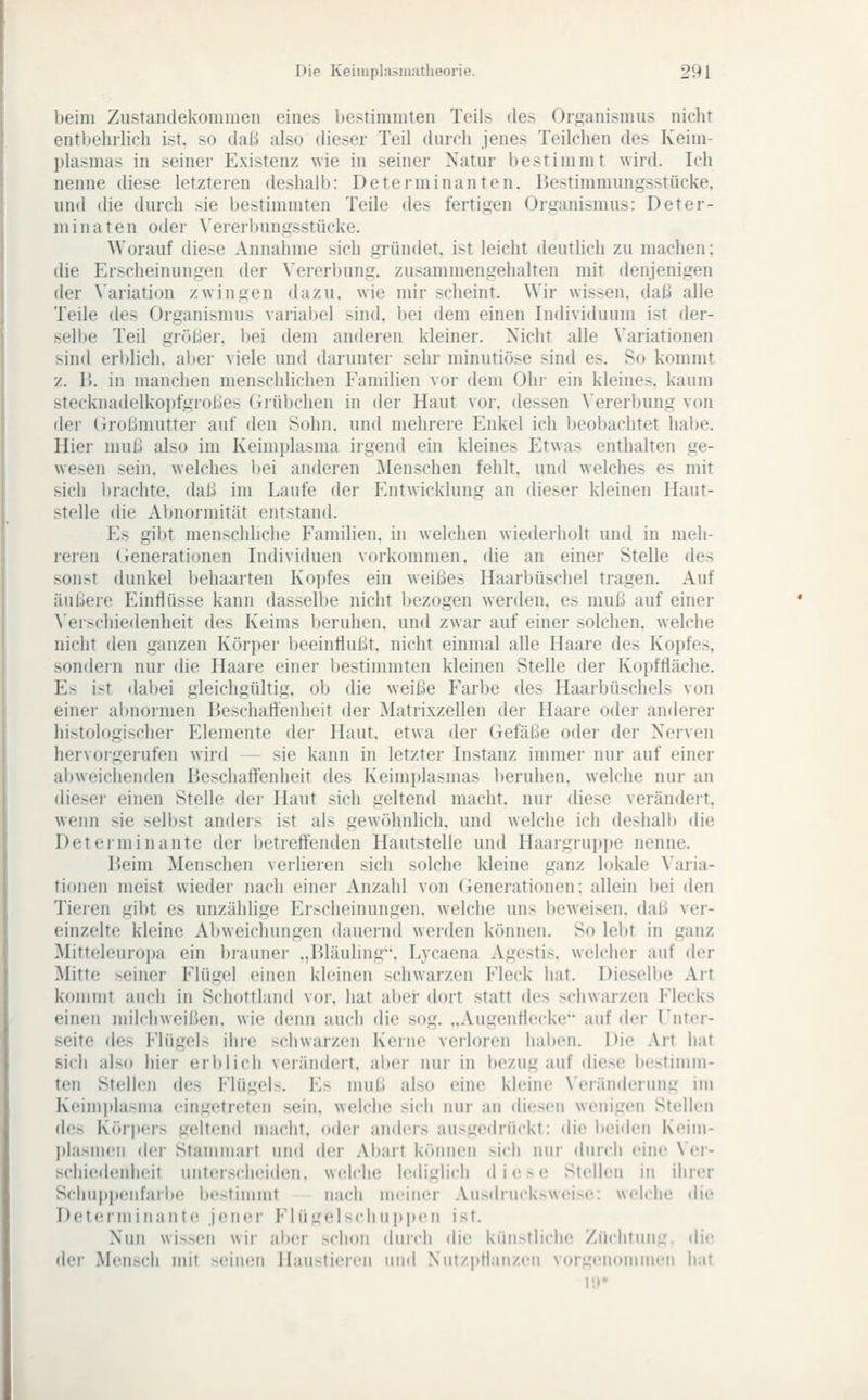 beim Zustandekommen eines bestimmten Teils des Organismus nicht entbehrlich ist. so daß also dieser Teil durch jenes Teilchen des Keim- ])lasmas in seiner Existenz wie in seiner Natur bestimmt wird. Ich nenne diese letzteren deshalb: Determinanten. Bestimmungsstücke, und die durch sie bestimmten Teile des fertigen Organismus: Deter- minaten oder Vererbungsstücke. Worauf diese Annahme sich gründet, ist leicht deutlich zu machen; die Erscheinungen der Vererbung, zusammengehalten mit denjenigen der N'ariation zwingen dazu, wie mir scheint. Wir wissen. daB alle Teile des Organismus variabel sind, bei dem einen Individuum ist der- selije Teil größer, bei dem anderen kleiner. Nicht alle Variationen sind erl)lich. aber viele und darunter sehr minutiöse sind es. So kommt 7.. 1). in manchen menschlichen Familien vor dem Ohr ein kleines, kaum stecknadelkopfgroßes (iiübchen in der Haut vor. dessen ^'ererbung von dei- (Großmutter auf den Sohn, und mehrei-e Enkel ich beobachtet habe. Hier muß also im Keinii)lasnia irgend ein kleines Etwas enthalten ge- wesen sein, welches l)ei anderen Menschen fehlt, und welches es mit sich brachte, daß im Laufe der Entwicklung an dieser kleinen Haut- stelle die Abnormität entstand. Es gibt menschliclie Familien, in welchen wiederholt und in meh- reren (Generationen Individuen vorkommen, die an einer Stelle des sonst dunkel behaarten Koj)fes ein weißes Haarl)üscliel tragen. Auf äußere Einflüsse kann dasselbe nicht bezogen werden, es muß auf einer \'er>chiedenheit des Keims l)eruhen. und zwar auf einer solchen, welche nicht den ganzen Köri)er beeinflußt, nicht einmal alle Haare des Kopfes, sondern nur die Haaie einer bestimmten kleinen Stelle der Kopffläche. Es ist dabei gleichgültig, ob die weiße Farbe des Haarbüschels von einer abnormen Beschalfenheit der Matrixzellen der Haare oder anderer histologischer Elemente der Haut, etwa der Gefäße oder der Nerven hervorgerufen wird — sie kann in letzter Instanz immer nur auf einer abweichenden Beschalfenheit des Keimplasmas beruhen, welche nur an dieser einen Stelle der Haut sich geltend macht, nur diese verändert, wenn sie selbst anders ist als gewöhnlich, und welche ich deshall» die Determinante der betreffenden Hautstelle und Haargrujtpe nenne. Beim Menschen verlieren sich solche kleine ganz lokale Varia- tionen meist wieder nach einer Anzahl von (ienerationen: allein l»ei den Tieien gibt es unzählige Erscheinungen, welche uns beweisen, daß ver- einzelte kleine Abweichungen dauernd werden können. So lebt in ganz Mitteleuropa ein bi-aunei- .,Bläuling. Lycaena Agestis. welcher auf der Mitte meiner Flügel einen kleinen schwarzen Fleck hat. Dieselbe Art kommt auch in Schottland vor. hat aber* dort statt des schwarzen Flecks einen milchweißen, wie denn auch die sog. ..Augenflecke auf der Unter- seite des Flügels ilne schwarzen Kerne verloren haben. Die Art hat sich als«» hier eri)lich verändert, aber nur in bezug auf diese bestimm- ten Stellen des Flügels. Es muß also eine kleine Veränderung im Keimjjlasma eingetreten sein, welche sich nur an diesen wenigen Stellen des Kiirpers geltend macht, oder andcis ausgedrückt: die beiden Kcim- plasmen der Stammart und der Abart können >icli nur durch eine \'er- schiedenheit unterscheid*!!!, w(dche lediglich diese Stellen in ihicr Scl)ui>penfarbe bestiuüüt nach uieiner .Vusdriicksweise: welche ilie Determinante jener Flügelscl!ii|>|»en ist. Nun wissen wir aber schon durch die kiin>tliclie /iichfuni:. die dei Men.scli mit seinen nanstie!-en und Niit/pHaii/en vtngenouüiien hal i'.f