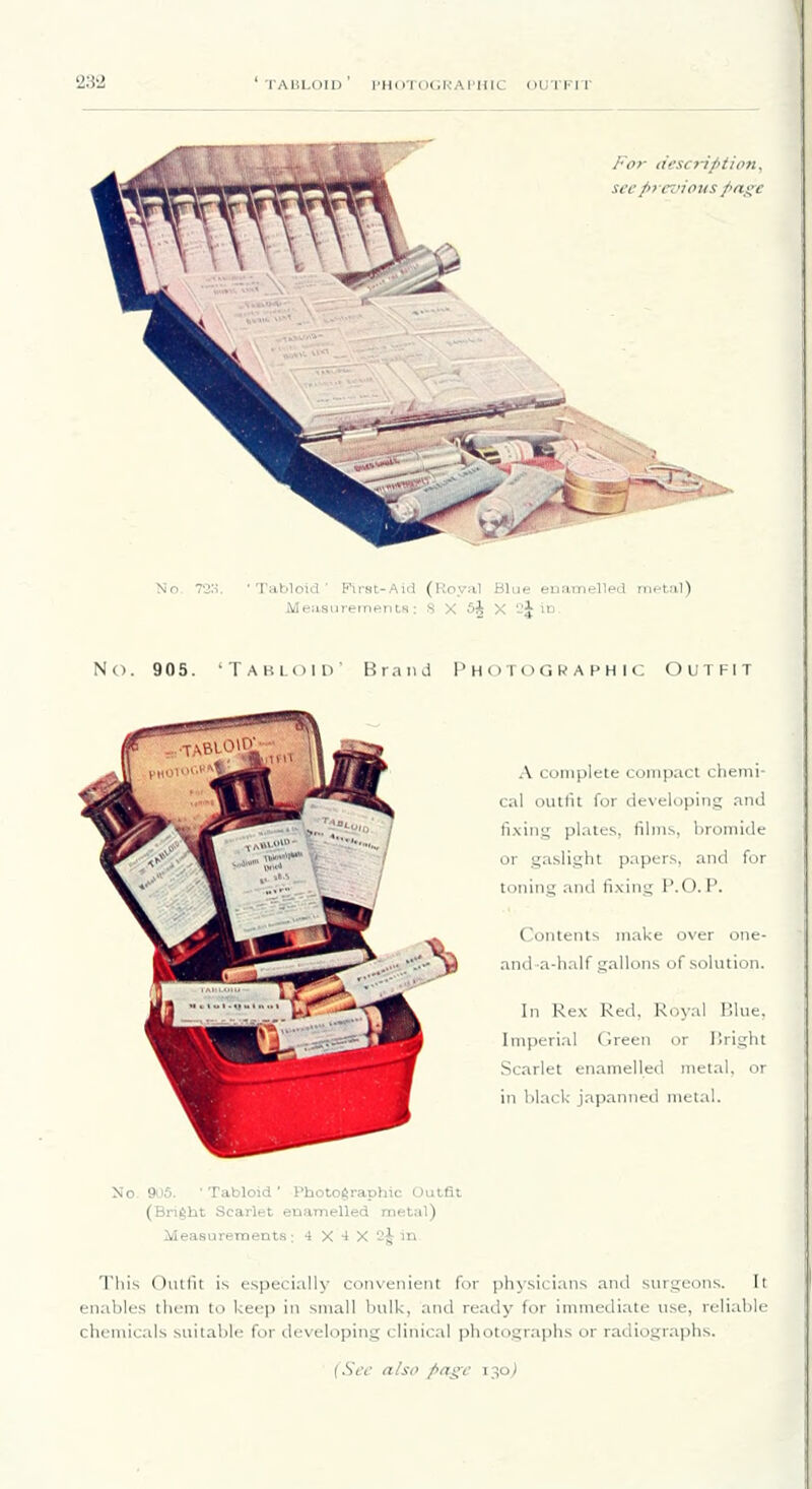 TAULOID I'HOTOGKArillC OUTFIT For ticscription^ sec fijcz'io us page No. 72;i. 'Tabloid' First-Aid (Royal Blue enamelletl rri^-t:il) MeiLsurernRiiLs: S X 5i X 2j in. No. 905. 'Tabloid' BranJ Photographic Outfit A complete compact chemi- cal ovitlit for developing and fixing plates, film^, bromide or gaslight papers, and for toning and fixing P.O. P. Contents make over one- and-a-half gallons of solution. In Rex Red, Royal Blue, Imperial Green or liright Scarlet enamelled metal, or in black jap.anned metal. Mo. 905. ■ Tabloid ' Photographic Outfit (Bright Scarlet enamelled metal) Measureraenls; 4 X •! X 2^ in This Outfit is especially convenient for physici.'rns and surgeons. It enables them to keep in small bulk, and ready for immediate use, reliable chemicals suitable for developing clinical photographs or radiographs.