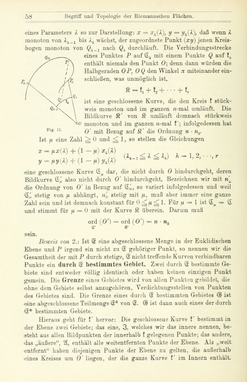 eines Parameters A so zur Darstellung-: x = rc^(A), y = ^^(/l), daß wenn X monoton von A^_i bis /.^ wächst, der zugeordnete Punkt {xy) jenen Kreis- bogen monoton von Qf,_i nach Q/^ durchläuft. Die Verbindungsstrecke eines Punktes P auf ©^ mit einem Punkte Q auf f^ enthält niemals den Punkt 0; denn dann würden die Halbgeraden OP, OQ den Winkel -t miteinander ein- schließen, was unmöglich ist. ß = !, + !,+ ••• + f, ist eine geschlossene Kurve, die den Kreis f stück- weis monoton und im ganzen «-mal umläuft. Die Bildkurve Ä' von Ä umläuft demnach stückweis monoton und im ganzen n-mal f'; infolgedessen hat 0' mit Bezug auf ^' die Ordnung n • Hq. Ist u eine Zahl ^ 0 und ^ 1, so stellen die Gleichungen X = ax(X) -H (1 — .u) xJl) y = iiit/lA) -h (1 - a) y,{l) '• >^-^ - - ^ «ine geschlossene Kurve (5^ dar, die nicht durch 0 hindurchgeht, deren Bildkurve G^ also nicht durch 0' hindurchgeht. Bezeichnen wir mit n^ die Ordnung von 0' in Bezug auf S«, so variert infolgedessen und weil ß,' stetig von ji abhängt, «„ stetig mit /i, muß aber immer eine ganze Zahl sein und ist demnach konstant für 0 ^ a ^ 1. Für . = 1 ist S^ = S und stimmt für a = 0 mit der Kurve Ä überein. Darum muß ord (0') = ord (0') = w • n^ sein. Beweis von 2.: Ist (5 eine abgeschlossene Menge in der Euklidischen Ebene und P irgend ein nicht zu (5 gehöriger Punkt, so nennen wir die Gesamtheit der mit P durch stetige, @ nicht treffende Kurven verbindbaren Punkte ein durcli @ bestimmtes Gebiet. Zwei durch @ bestimmte Ge- biete sind entweder völlig identisch oder haben keinen einzigen Punkt gemein. Die Grenze eines Gebietes wird von allen Paukten gabildet, die ohne dem Gebiete selbst anzugehören, Verdichtuugsstellen von Punkten des Gebietes sind. Die Grenze eines durch (S bestimmten Gebietes @ ist ■eine abgeschlossene Teilmenge ©* von (5. & ist dann auch eines der durch •@* bestimmten Gebiete. Hieraus geht für !' hervor: Die geschlossene Kurve f bestimmt in der Ebene zwei Gebiete; das eine, S, welches wir das innere nennen, be- steht aus allen Bildpunkten der innerhalb ! gelegenen Punkte; das andere, ■das „äußere, 2t, enthält alle weitentfernten Punkte der Ebene. Als „weit entfernt haben diejenigen Punkte der Ebene zu gelten, die außerhalb «ines Kreises um 0' liegen, der die ganze Kurve f im Innern enthält.