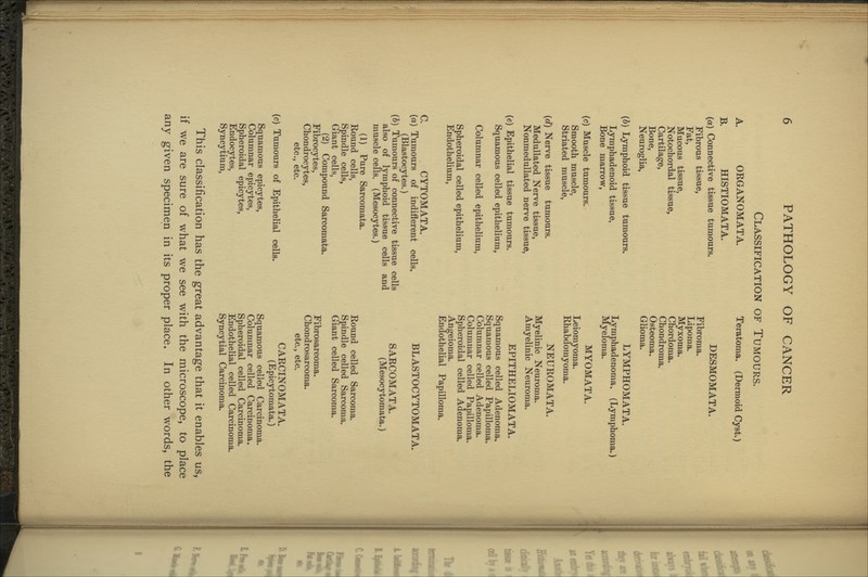 Classification of Tumours. A. ORGANOMATA. B. HISTIOMATA. (a) Connective tissue tumours. Fibrous tissue, Fat, Mucous tissue, Notochordal tissue, Cartilage, Bone, Neuroglia, (b) Lymphoid tissue tumours. Lymphadenoid tissue, Bone marrow, (c) Muscle tumours. Smooth muscle, Striated muscle, {d) Nerve tissue tumours. Medullated Nerve tissue, Nonmedullated nerve tissue, (e) Epithelial tissue tumours. Squamous celled epithelium, Columnar celled epithelium, Spheroidal celled epithelium, Endothelium, C. CYTOMATA. {a) Tumours of indifferent cells, (Blastocytes.) {&) Tumours of connective tissue cells also of lymphoid tissue cells and muscle cells. (Mesocytes.) (1) Pure Sarcomata. Round cells, Spindle cells, Giant cells, (2) Compound Sarcomata. Fibrocytes, Chondrocytes, etc., etc. (c) Tumours of Epithelial cells. Squamous epicytes, Columnar epicytes, Spheroidal epicytes, Endocytes, Syncytium, Teratoma. (Dermoid Cyst.) DESMOMATA. Fibroma. Lipoma. Myxoma. Chordoma. Chondroma, Osteoma. Glioma. LYMPHOMATA. Ly mphadenoma, (Lymphoma.) Myeloma. MYOMATA. Leiomyoma. Rhabdomyoma. NEUROMATA. Myelinic Neuroma. Amyelinic Neuroma. EPITHELIOMATA. Squamous celled Adenoma. Squamous celled Papilloma. Columnar celled Adenoma. Columnar celled Papilloma. Spheroidal celled Adenoma. Aiigeioma. Endothelial Papilloma. BLASTOCYTOMATA. SARCOMATA. (Mesocytomata.) Round celled Sarcoma. Spindle celled Sarcoma. Giant celled Sarcoma. Fibrosarcoma. Chondrosarcoma, etc., etc, CARCINOMATA, (Epicytomata.) Squamous celled Carcinoma. Columnar celled Carcinoma. Spheroidal celled Carcinoma. Endothelial celled Carcinoma, Syncytial Carcinoma, This classification has the great advantage that it enables us, if we are sure of what we see with the microscope, to place any given specimen in its proper place. In other words, the