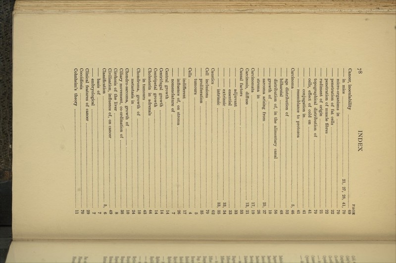 PAGE Cancer, inoculability 69 in mice 21, 27, 28, 41, 70 micro-organisms in 70 penetration of fat cells 22 penetration of muscle fibres 22 rudiment of origin 21 topographical distribution of 70 cells, effect of cold on 41 conjugation in 41 resemblance to protozoa 41 Carcinoma 5, 46 age distribution of 52 bilharzial 48 distribution of, in the alimentary canal 56 growth of 10 sarcoma arising from 25, 27 stroma in 26 Carcinomata 17, 19 Carcinosis, diffuse 13, 21 Causal factors 33 adjuvant 33 essential 33 extrinsic 33, 34 intrinsic 33, 35 Caustics 62 Cell inclusions 70 proliferation 35 tumours 5 Cells 4 indifferent 17 influence of, on stroma 26 nomenclature of 7 Central growth 14 Centrifugal growth 14 Centripetal growth 14 Cholesterin in adrenals 44 in tumours 43 Chondroma, growth of 10 metastasis in 24 Chondro-sarcoma, growth of 10 Ciliary movement, co-ordination of 38 Cirrhosis of the liver 8 Civilisation, influence of, on cancer 49 Classification 5, 6 basis of 7 embryological 7 Clinical features of cancer 29 Coccidiosis '^O Cohnheim's theory H
