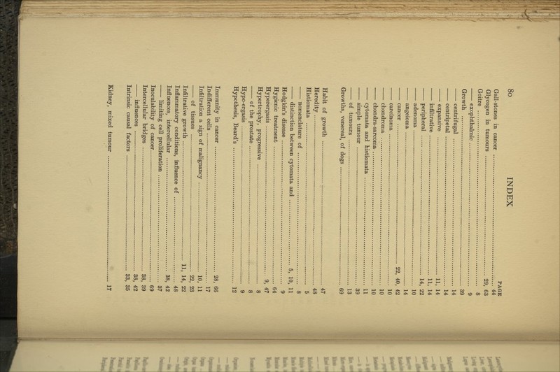 PAGE Gall-stones in cancer 44 Glycogen in tumours 29, 63 Gx)itre 8 exophthalmic 9 Growth 39 centrifugal 14 centripetal 14 ^ expansive 11, 14 infiltrative 11, 14 peripheral 14, 22 adenoma 10 angeioma 14 cancer 22, 40, 42 carcinoma 10 chondroma 10 chondra-sarcoma 10 cytomata and histiomata 11 simple tumour 39 of tumours 13 Growths, venereal, of dogs 69 Habit of growth 47 Heredity 48 Histiomata 5 nomenclature of 8 distinction between cytomata and 5, 10, 11 Hodgkin's disease 9 Hygienic treatment 64 Hyperergasis 9, 47 Hypertrophy, progressive 8 of the prostate 8 Hypo-ergasis 9 Hypothesis, Beard's 12 Immunity in cancer 28, 66 Indifferent cells 17 Infiltration a sign of malignancy 10, 11 of tissues 22, 23 Infiltrative growth 11, 14, 22 Inflammatory conditions, influence of 48 Influences, intercellular 38, 42 limiting cell proliferation 37 Inoculability of cancer 69 Intercellular bridges 38, 39 influences 38, 42 Intrinsic causal factors 33, 35 Kidney, mixed tumour 17