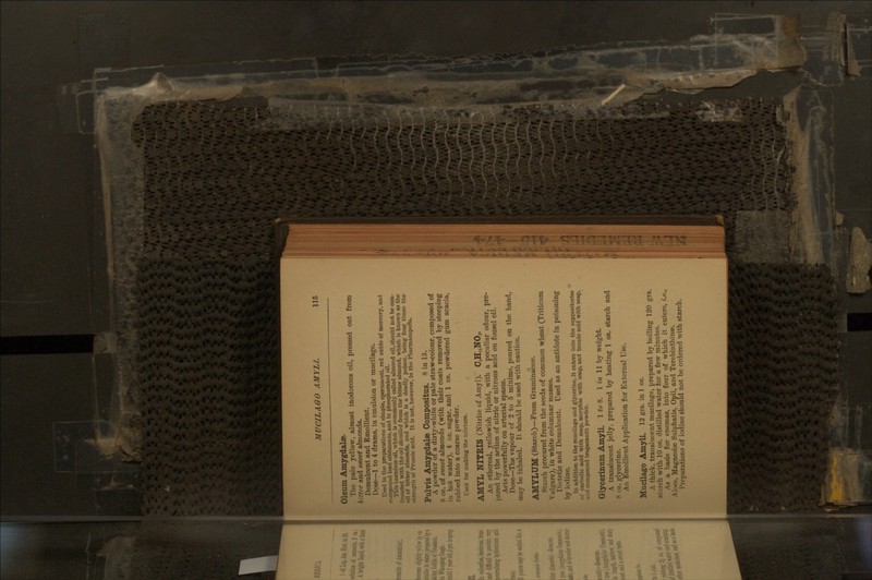 Oleum Amygdalae. The pale yellow, almost inodorous oil, pressed out from l/!f-frr and »7veet almonds. Demulcent and Emollient. Dose—1 to 4 drams, in emulsion or mucilage. Used in the preparations of simple, spermaceti, red oxide of mercury, and Compound lead ointments, and In phosphorated oil. This harmless oil, which is commonly called almond oil, should not be con- founded with the oil distilUd from the bitter almond, which is known as the oil of bitter almonds, and which is a deadly poison, being four times the strength of Prussic acid. It is not, however, in the Pharmacopwiu. Pulvis Amygdalae Compositus. 8 in 13. A powder of a dirty-white or pale straw-colour, composed of K 07.. of S7eeet almonds (with their coats removed by steeping in hot water), 4 oz. sugar, and 1 oz. powdered gum acacia, rubbed into a coarse powder. Used for making the mixture. AMYL NITRIS (Nitrite of Amyl). C,HaNO,. An ethereal, yellowish liquid, with a peculiar odour, pre- pared by the action of nitric or nitrous acid on fousel oil. Acts powerfully on arterial spasm. Dose—The vapour of 2 to 5 minims, poured on the hand, may be inhaled. It should be used with caution. AMYLUM (Starch)—From Graminacete. Starch procured from the seeds of common wheat (Triticum \ ulgare), in white columnar masses. Dietetic and Demulcent. Used as an antidote in poisoning by icKline. In addition to the mucilage and glycerine, it enters into the suppositories of carbolic acid with soap, morphia with soap, and tannic acid with soap, and compound tragacanth powder. Glycerinum Amyli. itoS. l in li by weight. A translucent jelly, prepared by heating 1 oz, starch and i>z. glycerine. An Emollient Application for External Use. Mucilago Amyli. 12 grs. in i oz. A thick, translucent mucilage, prepared by boiling 120 grs. st.arch with 10 oz. distilled water for a few minutes. As a basis for enemas, into four of which it enters, i.e., Aloes, Magnesiae Sulphatis, Opii, and Terebinthinae, Preparations of iodine should not be ordered with starch.
