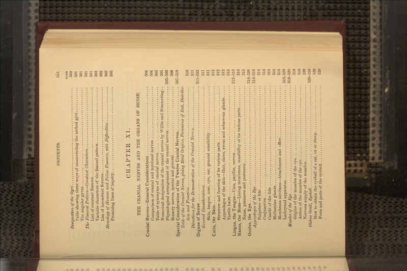 FAei Dedgnation of the Gyri 500 'J'able showing three ways of enumerating the arched gyri 501 The angular gyrus 501 I'he Fissural Pattern—Constant Characters 501 List of constant fissures 501 Variable characters of the fissural pattern 502 List of inconstant fissures 503 Homology of Human and Feline Fissures, with Difficulties 502 Promising lines of inquiry 503 CHAPTEE XI. THE CRANIAL NERVES AND THE ORGANS OP SENSE. Cranial Nerves—General Considerations 504 Comparison of cranial and myelonal nerves 504 Table of synonyms of cranial nerves 505 Numerical designation of the cranial nerves by Willis and Sommering.. 505 Physiological arrangement of the cranial nerves 505-506 Sensory nerves, special and general 506 Special Consideration of the Twelve Cranial Nerves 507-510 Table of tlie Cranial Nerves, giving Ectal Origins, Foramina of Exit, Distribu- tion and Function 510 Directions for the Demonstration of the Cranial Nerves 511 Organs of Sense 511-533 General Considerations 511 Skin, tongue, nose, eye, ear, general sensibility 511 Cutis, the Skin 512 Structure and function of its various parts 512 Appendages of the skin—Hair, claws, sweat and sebaceous glands 512 Tactile hairs 512 Lingua, the Tongue—Uses, papillae, nerves 512-513 Nasus, the Nose—Lining membrane, sensibility of its various parts 513 Nares, praenares and postnares 513 Oculus, the Eye 514-526 Appendages of the Eye 514-516 Palpebr^ or lids 514 Conj unctiva 514 Canthi of the lids 514 Meibomian glands 514 Membrana nictitans—Attachment and office 515 Lachrymal apparatus 515-520 Muscles of the Eye 516-520 Origins of the muscles of the eye... 519 Action of the muscles of the eye 519 Nervous supply of the muscles 520 Globus Oculi, Eyeball 520-526 How to obtain the eyeball of a cat, ox or sheep 520 Form and parts of the eyeball 520