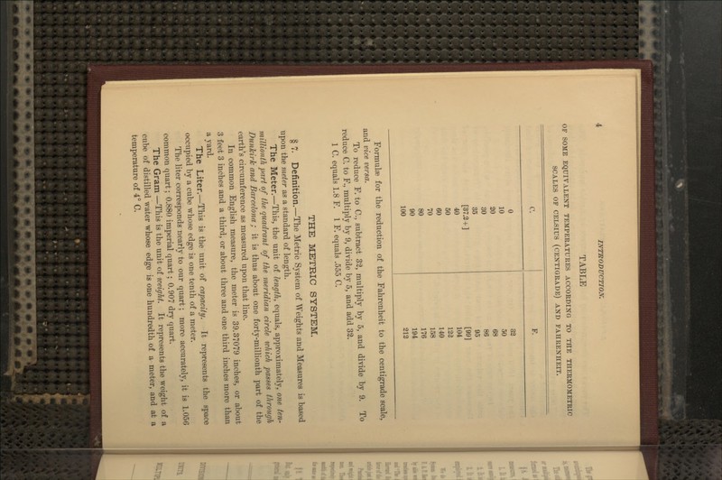 TABLE OF SOME EQUIVALENT TEMPERATURES ACCORDING TO THE THERMOMETRIC SCALES OF CELSIUS (CENTIGRADE) AND FAHRENHEIT. c. F. 0 32 10 50 20 68 30 86 35 95 [37.2 + ] [99] 40 104 50 122 60 140 70 158 80 176 90 194 100 212 Formulae for tlie reduction of the Fahrenlieit to tlie centigrade scale, and vice versa. To reduce F. to C, subtract 33, multiply by 5, and divide by 9. To reduce C. to F., multiply by 9, divide by 5, and add 32. 1 C. equals 1.8 F. 1 F. equals .555 C. THE METRIC SYSTEM. § 7. Definition.—The Metric System of ^Yeights and Measures is based upon the meter as a standard of length. The Meter.—This, the unit of length, equals, approximately, one ten- millionth 2J(irt of the quadrant of the meridian circle tvhich passes through Dunkirk and Barcelona; it is thus about one forty-millionth part of the earth's circumference as measured upon that line. In common English measure, the meter is 39.37079 inches, or about 3 feet 3 inches and a third, or about three and one third inches more than a yard. The Liter.—This is the unit of capacity. It represents the space occupied by a cube whose edge is one tenth of a meter. The liter corresponds nearly to our quart; more accurately, it is 1.056 common quart; 0.880 imperial quart; 0.907 dry quart. The Gram —This is the unit of iveight. It represents the weight of a cube of distilled water whose edge is one hundredth of a meter, and at a temperature of 4° 0.