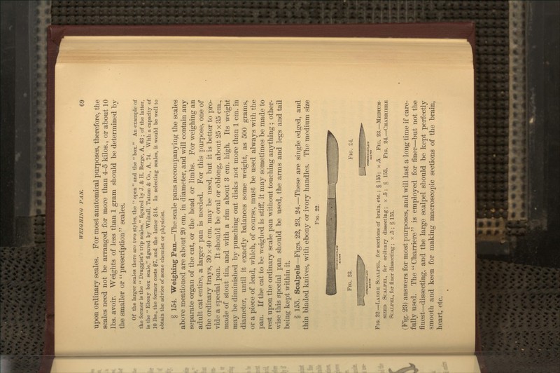 upon ordinary scales. For most anatomical purposes, therefore, the scales need not be arranged for more than 4-5 kilos., or about 10 lbs. avoir. Weights of less than 1 gram should be determined by the smaller or prescription scales. Of the larger scales there are two styles, the  open and the box. An example of the former is the  Druggist's trip scales, figured by J. & H. Berge, A, 63 ; of the latter, is the  Ebony box scale, figured by Whitall, Tatum & Co., A, 74. With a capacity of 10 lbs., the former costs $7, and the latter $14. In selecting scales, it would be well to obtain the advice of some chemist or physicist. § 154. Weighing Pan.—The scale pans accompanying the scales above mentioned are about 20 cm. in diameter, and will contain any separate organ of the cat, or the head or limbs. For weighing an adult cat entire, a larger pan is needed. For this purpose, one of the ordinary trays, 30 x 40 cm. may be used, but it is better to pro- vide a special pan. It should be oval or oblong, about 25 x 35 cm., made of stout tin, and with a rim about 3 cm. high. Its weight may be diminished by punching out disks not more than 1 cm. in diameter, until it exactly balances some weight, as 500 grams, or a piece of lead, which, of course, must be used always with the pan. If the cat to be weighed is stiff, it may sometimes be made to rest upon the ordinary scale pan without touching anything ; other- wise this special pan should be used, the arms and legs and tail being kept within it. § 155. Scalpels—Figs. 22, 23, 24.—These are single edged, and thin bladed knives, with ebony or ivory handles. The medium size Fig. 22. Fig. 23. Fig. Fig. 22—Large Scalpel, for sections of brain, etc.; §155; x .5. Fig. 23.—Medium- sized Scalpel, for ordinary dissecting; x .5 ; § 155. Fig. 24.—Charkiere Scalpel, for finer dissecting ; x .5 ; § 155. (Fig. 23) answers for most purposes, and will last a long time if care- fully used. The Charriere is employed for finer—but not the finest—dissecting, and the large scalpel should be kept perfectly smooth and keen for making macroscopic sections of the brain, heartj etc.