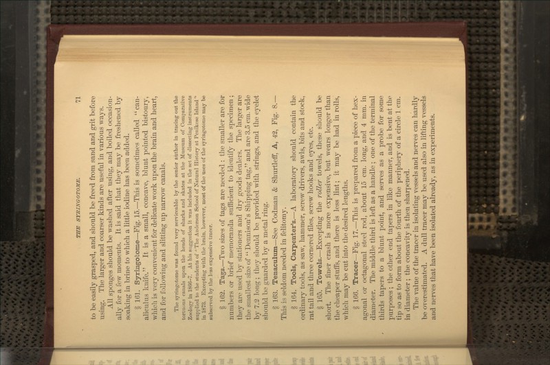 to be easily grasped, and should be freed from sand and grit before using. The larger and coarser kinds are useful in various ways. All sponges should be washed after using, and boiled occasion- ally for a few moments. It is said that they may be freshened by soaking in brine to which a little iodine has been added. § 161. Syringotome—^Fig. 15.—This is sometimes called can- aliculus knife. It is a small, concave, blunt pointed bistoury, which is very convenient for delicate work upon the brain and heart, and for following and slitting up narrow canals. The syringotome was found very serviceable by the senior author in tracing out the tortuous canals upon the heads of sharks and skates at the Museum of Comparative Zoology in 1866-7. At his suggestion it was included in the set of dissecting instruments supplied to the students of ' The Anderson School of Natural History at Penikese Island  in 1873. Excepting with the brain, however, most of the uses of the syringotome may be subserved by the less expensive tracer. § 162. Tags.—Two sizes of tags are needed : the smaller are for numbers or brief memoranda sufficient to identify the specimen ; they are used by stationers and dry goods dealers. The larger are the smallest size of  Dennison's Shipping tag, and are 3.5 (;m. wide by 7.2 long; they should be provided with strings, and the eyelet should be guarded by a metal ring. § 163. Tenaculum—See Codman & Shurtleff, A, 42, Fig. 8.— This is seldom needed in felitomy. § 164. Tools, Cajrpenter's.—A laboratory should contain the ordinary tools, as saw, hammer, screw drivers, awls, bits and stock, rat tail and three cornered files, screw hooks and eyes, etc. § 165. Towels.—Excepting the roller towels, these should be short. The finer crash is more expensive, but wears longer than the cheaper stuffs, and there is less lint; it may be had in rolls, which may be cut into the desired lengths. § 166. Tracer—Fig. 17.—This is prepared from a piece of hex- agonal, or octagonal steel rod, about 15 cm. long, and 4 mm. in diameter. The middle third is left as a handle ; one of the terminal thirds tapers to a blunt point, and serves as a probe for some purposes; the other end tapers in like manner, and is bent at the tip so as to form about the fourth of the periphery of a circle 1 cm. in diameter ; the concavity is then sharpened. The value of the tracer in isolating vessels and nerves can hardly be overestimated. A dull tracer may be used also in lifting vessels and nei-ves that have been isolated already, as in experiments.