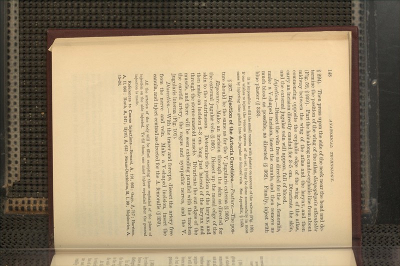 § 224). Then press upon the side of the neck near the head and de- termine the position of the wing of the atlas, diapophysis aflantalis (Fig. 52, § 229). Part the hair along a caudo-cephalic line from about midway between the wing of the atlas and the larynx, and then commencing opposite the cephalic edge of the wing of the atlas, carry an incision directly caudad for 3-5 cm. Divaricate the skin, and the external jugular vein will appear, full of blood. Injection.—Dissect the vein free as directed for the A. femoralis, make a V-shaped incision, insert the canula, and then remove as much blood as possible, as directed (§ 362). Finally, inject with blue plaster (§ 343). It is impossible to fill the small vessels with plaster on account of the valves (Fig. 102). If one wishes to inject the venous system of the cat, it may be done successfully in most cases by injecting blue gelatin into the jugular or femoral vein. See Appendix, § 1450. § 367. Injection of the Arteria Carotidea.—Posture.—The pos- ture should be the same as for the V. jugularis externa (§ 366). Exposure.—Make an incision through the skin as directed for the external jugular vein (§ 366). Dissect up the mesal edge of the skin to the ventrimeson. Determine the position of the larynx, and then make an incision 2-3 cm. long just laterad of the larynx and through the stemo-mastoid muscle. Divaricate the cut edges of the muscle, and there will be seen extending parallel with the trachea the carotid artery, the vagus and sympathic nerves, and the V. jugularis interna (Fig. 101). Dissection.—With the tracer and forceps, dissect the artery free from the nerve and vein. Make a V-shaped incision, insert the canula, and inject centrad as directed for the A. femoralis (§ 359). All the arteries of the body will be filled excepting those cephalad of the place of injection on the side injected. To fill those, one must inject cephalad after the general injection is made. References to Coarse Injections.—Bernard, A, 191, 262 ; Gage, 1, 717; Harrison, A, II, 865 ; Heath, A, 547; Hyrtl, A, 615 ; Straus-Durckheim, B, I, 90; Mojsisovics, A. 15-24.