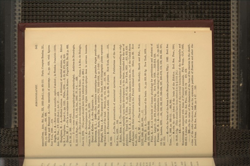 mammiferes. Ann. Sci. Nat., Ill, 1855 (Zool.), pp. 65-111. Paris, Comptes Rendus, XL, 1855, pp. 683-686 493, 499. Darling and Ranney: A.—The essentials of anatomy. O., pp. 629, with figures. New York, 1880.... 173. DugSs, A.: 4.—Note sur une nouvelle espece d'azolotl; le Siredon Dumerilii (1870). Ann. Sci. Nat., XV, 1872 (Zool.), Art. 17... .419. Dunglison, R. : A.—Medical Lexicon. A dictionary of medical science, etc. Edited by R. J. Dunglison. Royal 0., pp. 1131. Phila., 1874... .3, 12, 22, 271, 473, 510. Duval, M. : 1.—De la non-existence des trous de Monro. Progres Med. No. 25, p, 483, etNo. 26, p. 503....413-415. 2.—La come d'ammon (morphologic et embryologie). Archives de Neurologie, II, 161-173, Sept.. 1881; III, 1-35, Jan., 1882; PI. 1-4... .459. 3.—Des plexus choroides et des trous de Monro. Comm. a. la Soc. de Biologie, June 14, 1879. (This paper should have been referred to on p. 460.) 4:.—Develoi^pement de la region lenticulo-optique dans le cerveau humain. Comm. la Soc. Biologie, June 21, 1879. Duval et Keller : A.—See Huguenin : A. Duvernoy, G. L. : 100.—Des caracteres anatomique des grandes singes pseudo-an- thropomorphes. Paris, Mus. Hist. Nat. Archiv., VIII, 1855-1856, pp. 1-248.. .193. Dwight, Thos. : A.—The anatomy of the head, with 6 lithographic plates represent- ing frozen sections of the head. Boston, pp. viii, 136... .131, 136. B.—Frozen sections of a child. Q., pp. 66, 15 plates. New York, 1881 131, 136, 339. 1.—On the preservation of anatomical specimens. Publications of the Mass. Med. Soc, 1870. ...136. Ecker, Alex. : B.—The cerebral convolutions of man, represented according to origi- nal observations, especially upon their development in tlie foetus; intended for the use of physicians. Transl. by R. T. Edes. O., pp. 87, 6 fig. New York, 1873... .411, 413, 418. Egleston, T. A. : A.—Tables of weights, measures, coins, etc., of the United States and England, with their equivalents in the French decimal system. 16mo, pp. 60. New York, 1871.... 7. Eliot, C. W. : i.—The new education. Atlantic Monthly, March and Feb., VoL XXIII, 1869, pp. 203, 358.... 17. Ferrier, D, : A.—The functions of the brain. 0., pp. 823, 68 fig. New York, 1876 400, 475, 492, 500-502. Flint, A. : A.—A text-book of human physiology for practitioners and students of medicine. Large 0., pp. 978, 3 plates, 313 fig. New York, 1876 512-514, 526. Flower, W. H. : A.—An introduction to the osteology of the mammalia. D., pp.337, 12G fig. London, 1870... .94, 152,153, 157,160-164, 167, 169-172, 174, 179, 184, 185, 18S, 307. sIg. 6.—On the brain of the Javan Loris (Stenops javanieiis, Illig.). 1862. Zool. Soc. Trans., V, 1866, pp. 103-111... .492, 502. 8.—On the optic lobes of the brain of the Echidna. Zool. Soc. Proc, 1864, pp. 18-20, 2 fig. (This should have been referred to in § 11-31 [8].) • 13.—On the commissures of the cerebral hemist)heres of the Marsupialia and Monotremata as compared with those of Placental mammals. Phil. Trans., CLV, 1865, 633-651, 4 plates. Abs. in Roy. Soc. Proc, 1865, 71-74 471, 473. 26.—On the value of the characters of the base of the cranium in the classifi- cition of the order Carnivora, and on the systematic position of Bnssaris and other dis- puted forms. Zool. Soc. Proc, 1869, pp. 4 -37 185.