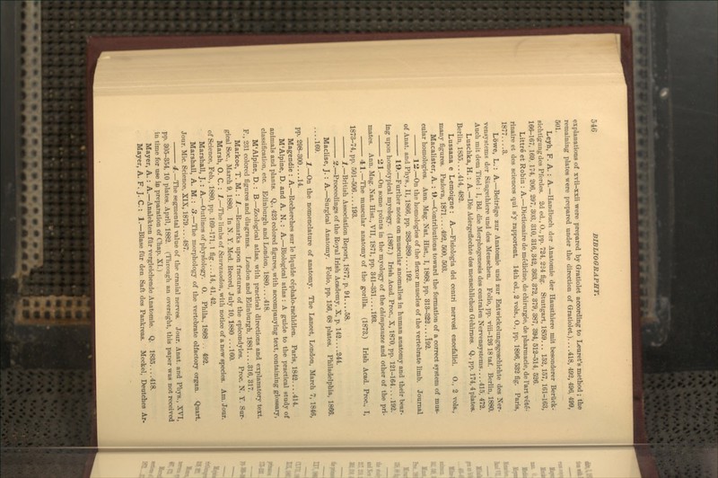 explanations of xvii-xxii were prepared by Gratiolet according to Leuret's method ; the remaining plates were prepared under the direction of Gratiolet.) 418, 492, 496, 499 501. Leyh, F. A. : A.—Handbuch der Anatomie der Hausthiere mit besonderer Beriick Bichtigungdes Pferdes. 2d ed., O., pp. 724, 224 fig. Stuttgart, 1859... 152, 157, 161-163 166-167, 169, 174, 206, 297, 303, 310, 316, 342, 363, 372, 379, 387, 394, 512-514, 526. Littre et Robin : A.—Dictionaire de medicine, de chirurgie, de pharmacie, de I'art vete rinaire et des sciences qui s'y rapportent. 14th ed., 2 vols., 0., pp. 1896, 532 fig. Paris. 1877....3. LoTve, L.: A.—Beitrage zur Anatomie und zur Entwickelungsgeschichte des Ner vensystems der Siiugethiere und des Menschen. Folio, pp. Tiii-126 18 taf. Berlin, 1880, Auch mit dem Titel: I, Bd. die Morphogenesis des centralen Nervensystems 415, 472. Luschka, H. : A.—Die Adergeflechte des menschlichen Gehimes. Q., pp. 174,4plates. Berlin, 1855 414, 482. Lussana e Lemoigne : A.—Fisiologia dei centri nervosi encefalici. 0., 2 vols many figures. Padova, 1871... .492, 500, 503. Macalister, A. : O.—Contributions toward the formation of a correct system of mus- cular homologies. Ann. Mag. Nat. Hist., I, 1868, pp. 313-322 i92. lii.—On the homologies of the flexor muscles of the vertebrate limb. Journal of Anat. and Phys., II, 1866. pp. 283-289 192. 19.—Further notes on muscular anomalies in human anatomy and their bear- ing upon homotypical myology. (1867.) Irish Acad. Proc, X, 1870, pp. 121-164 192. 21.—On some points in the myology of the chimpanzee and other of the pri- mates. Ann. Mag. Nat. Hist., VII, 1871, pp. 341-351 193. 41.—The muscular anatomy of the gorilla. (1873.) Irish Acad. Proc., I, 1873-74, pp. 501-506....193. i.—British Association Report, 1877, p. 94... .58. 2.—Proceedings of the Royal Irish Academy, X, p. 142 244. Maclise, J. : A.—Surgical Anatomy. Folio, pp. 156, 68 plates. Philadelphia, 1866. ... .169. 1.—On the nomenclature of anatomy. The Lancet, London, March 7, 1846, pp. 298-300....14. Magendie : A.—Recherches sur le liquide cephalo-rachidien. Paris, 1842... .414. M'Alpine, D. and A. N. : A.—Biological atlas : A guide to the practical study of animals and plants. Q., 423 colored figures, with accompanying text, containing glossary, classification, etc. Edinburgh and London, 1880... .418. M'Alpine, D. : B.—Zoological atlas, with practical directions and explanatory text. F., 231 colored figures and diagrams. London and Edinburgh, 1881 316, 317. Markoe, T. M. : 1.—Remarks upon fractures of the epicondyles. Proc. N. T. Sur- gical Soc., March 9, 1880. In N. Y. Med. Record, July 10,1880 .. .160. Marsh, O. C. : 1.—^The limbs of Sauranodon, with notice of a new species. Am. Jour, of Science, Feb., 1880, pp. 169-171, 1 fig... .14, 41, 42. Marshall, J. : A.—Outlines of physiology. O. Phila., 1868 .. 492. Marshall, A. M.: 3.—The morphology of the vertebrate olfactory organ. Quart. Jour. Mic. Science, XIX, 1879... .487. 4.—The segmental value of the cranial nerves. Jour. Anat. and Phys., XVI, pp. 305-354, 10 plates, April, 1882. (Tlirough an oversight, this paper was not received in time for use in preparation of Chap. XI.) Mayer, A. : A.—Analekten fiir vergleichende Anatomie. Q. 1835 418. Mayer, A. F. J. C.: 1.—Blase fiir den Saft des Pankreas. Meckel, Dentches Ar-