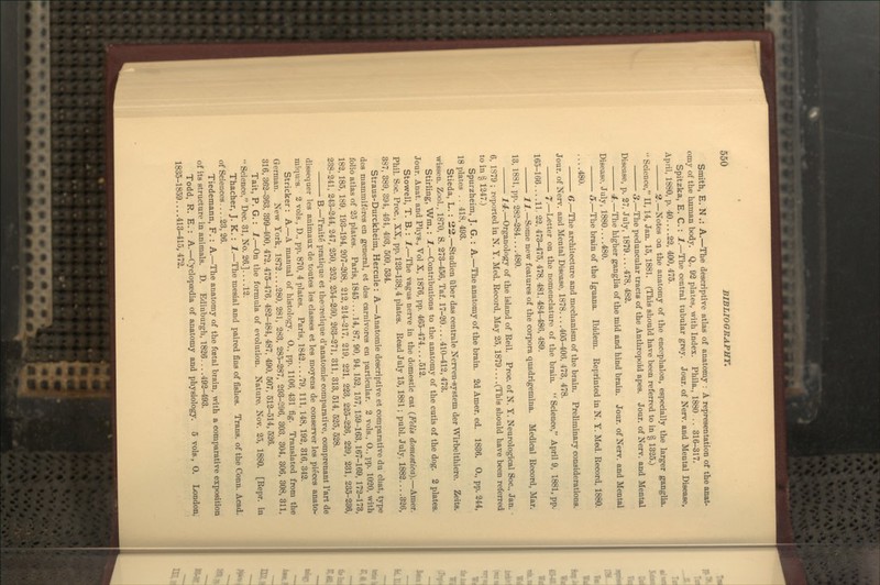 Smith, E. N .: A.—The descriptive atlas of anatomy : A representation of the anat- omy of the hjiman body. Q., 92 plates, with Index. Phila., 1880 .. 316-317. Spitzka, E. C.: 1.—The central tubular grey. Jour, of Nerv. and Mental Disease, April, 1880, p. 40... .22, 400, 475. 2.—Notes on the anatomy of the encephalon, especially the larger ganglia.  Science, II, 14, Jan. 15, 1881. (This should have been referred to in § 1325.) 3.—The peduncular tracts of the Anthropoid apes. Jour, of Nerv. and Mental Disease, p. 27, July, 1879... .478. 482. 4.—The higher ganglia of the mid and hind brain. Jour, of Nerv. and Mental Disease, July, 1880 480. 5.—The brain of the Iguana. Ibidem. Reprinted in N. T. Med. Record, 1880. ... .480. 6.—The architecture and mechanism of the brain. Preliminary considerations. Jour, of Nerv. and Mental Disease, 1878 405-406, 473, 478. 7-—Letter on the nomenclature of the brain.  Science, April 9, 1881, pp. 165-166... .11. 22, 473-475, 478, 481, 484-486, 489. 11.—Some new features of the corpora quadrigemina. Medical Record, Mar. 13, 1831, pp. 282-284... .480. 14.—Organology of the island of Reil. Proc. of N. Y. Neurological Soc, Jan. 6, 1879 ; reported in N, Y. Med. Record. May 25, 1879 (This should have been referred to in § 1247.) Spurzheim, J. G. : A.—The anatomy of the brain. 2d Amer. ed. 1836. 0., pp. 244, 18 plates ..418,493. Stieda, L. : 22.—Studien ilber das centrale Nerven-system der Wirbelthiere. Zeits. wissen. Zool., 1870, S. 273-456, Taf. 17-20... .410-412, 473. Stirling, Wra.: 1.—Contributions to the anatomy of the cutis of the dog. 2 plates. Jour. Anat. and Phys., Vol X, 1876, pp. 465-474... .512. Stowell, T. B.: 1.—The vagus nerve in the domestic cat {Fdia domestica).—Amer. Phil. Soc. Proc., XX, pp. 123-138,4 plates. Read July 15,1881; publ. July, 1882 326, 387, 389, 394, 464, 493, 509, 534 Straus-Durckheim, Hercule : A.—Anatomie descriptive et comparative du chat, type des mammiferes en general, et des carnivores en particular. 2 vols., O., pp. 1020, with folio atlas of 25 plates. Paris, 1845... .14, 87, 90, 94, 152, 157, 159-163,167-169, 172-173, 182,185, 189. 193-194, 207-208, 212, 214-217, 219, 221, 223, 225-226, 229, 231, 235-236, 238-241, 243-244, 247, 250, 252, 254-260, 263-271, 311, 313, 514, 525, 528. B.—Traite pratique et theoretique d'anatomie comparative, comprenant I'art de dissequer les animaux de toutes les classes et les moyens de conserver les pieces anato- miques. 2 vols., D., pp. 870, 4 plates. Paris, 1842 79, 111, 148, 192, 316, 342. Strieker: A.—A manual of histology. O., pp. 1106,431 fig. Translated from the German. New York, 1872....280, 281, 283, 285-287, 293-296, 303, 304, 306, 308, 311, 316, 362-363, 399-400, 472. 475-476, 482-484, 487, 490. 507, 512-514, 526. Tait, P. G.: 1.—On the formula of evolution. Nature, Nov. 25, 1880. [Repr. in  Science, Dec. 31, No. 26.] 12. Thacher, J. K. : 1.—The mesial and paired fins of fishes. Trans, of the Conn. Acad, of Sciences.... 23, 26. Tiedemann, F. : A.—The anatomy of the fcetal brain, with a comparative exposition of its structure in animals. D. Edinburgh, 1826... .492-493. Todd, R. E.: A.—Cyclopaedia of anatomy and physiology. 5 vols., 0. London, 1835-1859....413-415, 472.