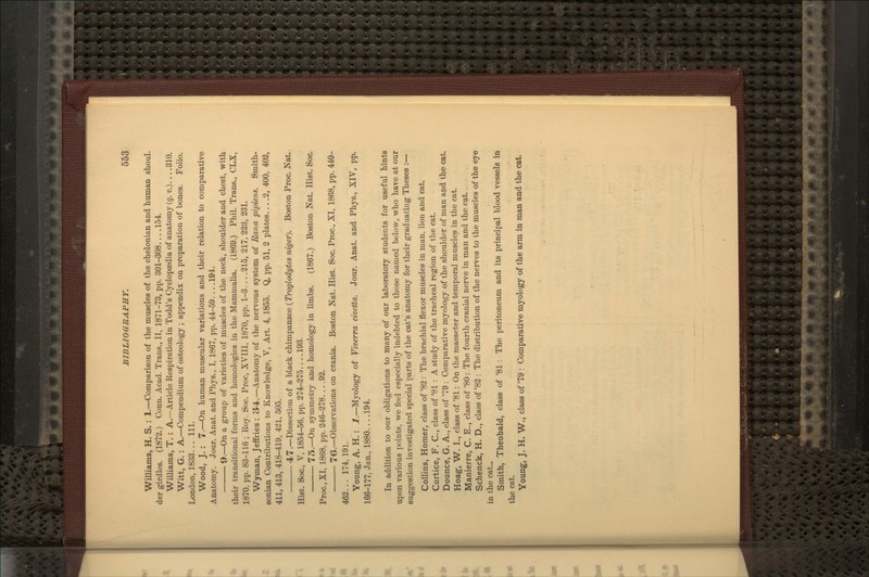 Williams, H. S. : 1.—Comparison of the muscles of the chelonian and human shouL der girdles. (1872.) Conn. Acad. Trans., II, 1871-73, pp. 301-308 154. Williams, T. : A.—Article Respiration in Todd's Cyclopaedia of anatomy {q, v.)... .310. Witt, G. : A.—Compendium of osteology ; appendix on preparation of bones. Folio. London, 1833... 111. Wood, J. : 7.—On human muscular variations and their relation to comparative Anatomy. Jour. Anat. and Phys., I, 1867, pp. 44-59 194. ■ 9.—On a group of varieties of muscles of the neck, shoulder and chest, with their transitional forms and homologies in the Mammalia. (1869.) Phil. Trans., CLX, 1870, pp. 83-116 ; Roy. Soc. Proc, XVIII, 1870, pp. 1-3... .215, 217, 223, 231. Wyman, Jeffries: 'S-t.—Anatomy of the nervous system of Eana pipiens. Smith- sonian Contributions to Knowledge, V, Art, 4, 1855. Q, pp. 51, 2 plates 2, 400, 402, 411, 413, 418-419, 421. 505. 47.—Dissection of a black chimpanzee {Troglodytes niger). Boston Proc. Nat. Hist. Soc, V, 1854-56, pp. 274-275... .193. 75.—On symmetry and homology in limbs. (1867.) Boston Nat. Hist. Soc. Proc., XI, 1868, pp. 246-278... .92. 76.—Observations on crania. Boston Nat. Hist. Soc. Proc., XI, 1868, pp. 440- 462... 174, 191. Young, A. H.: 1.—Myology of Viverra civetta. Jour. Anat. and Phys., XIV, pp. 166-177, Jan., 1880... .194. In addition to our obligations to many of our laboratory students for useful hints upon various {X)ints, we feel especially indebted to those named below, who have at our suggestion investigated special parts of the cat's anatomy for their gi-aduatiiig Theses :— Collins, Homer, class of '82 : The brachial flexor muscles in man, lion and cat. Curtice, F. C, class of '81 : A study of the tracheal region of the cat. Dounce, G. A., class of '79: Comparative myology of the shoulder of man and the cat. Hoag, W. I., class of '81: On the masseter and temporal muscles in the cat. Manierre, C. E., class of '80: The fourth cranial nerve in man and the cat. Schenck, H. D., class of '82 : The distribution of the nerves to the muscles of the eye in the cat.. Smith, Theobald, class of '81 : The peritoneum and its principal blood vessels in the cat. Young, J. H. W., class of '79 : Comparative myology of the arm in man and the cat.