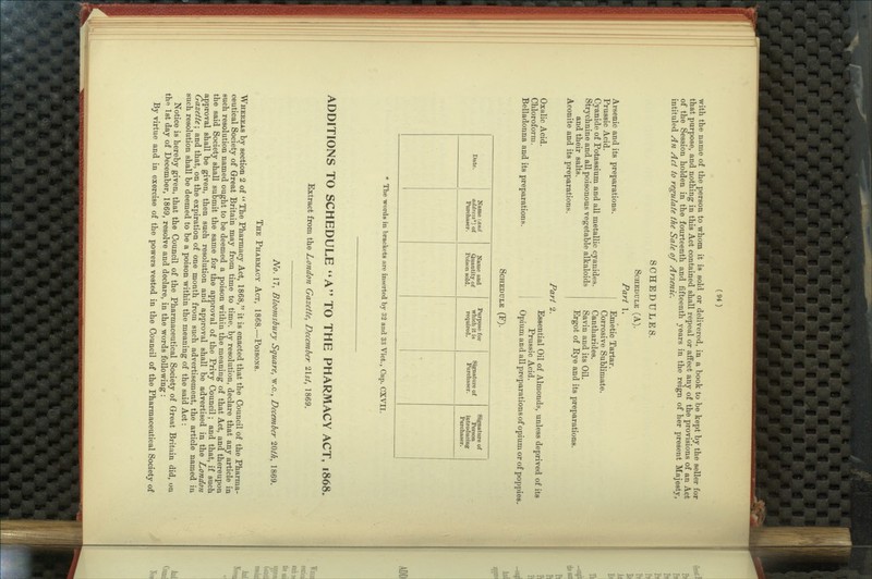 with the name of the person to whom it ia sold or delivered, in a book to be kept by the seller for that purpose, and nothing in this Act contained shall repeal or affect any of the provisions of an Act of the Session holden in the fourteenth and fifteenth years in the reign of her present Majesty, intituled An Act to regulate the Sale of Arsenic. SCHEDULES. Schedule (A). Part 1. Arsenic and its preparations. Prussic Acid. Cyanide of Potassium and all metallic cyanides. Strychnine and all poisonous vegetable alkaloids and their salts. Aconite and its preparations. Emetic Tartar. Corrosive Sublimate. Cantharides. Savin and its Oil. Ergot of Rye and its preparations. Part 2. Oxalic Acid. Chloroform. Belladonna and its preparations. Essential Oil of Almonds, unless deprived of its Prussic Acid. Opium and all preparations of opium or of poppies. Schedule (F). Date. Name {and address*) of Purchaser. Name and Quantity of Poison sold. Purpose for which it is required. Signature of Purchaser. Signature of Person introducing Purchaser. « * The words in brackets are inserted by 32 and 33 Vict., Cap. CXVII. ADDITIONS TO SCHEDULE '*A TO THE PHARMACY ACT, 1868. Extract from the London Gazette, December 2lst, 1869. No. 17, Bloomsbury Square, w.c, December 2Qth, 1869. The Pharmacy Act, 1868.—Poisons. Whereas by section 2 of  The Pharmacy Act, 1868, it is enacted that the Council of the Pharma- ceutical Society of Great Britain may from time to time, by resolution, declare that any article in such resolution named ought to be deemed a poison within the meaning of that Act, and thereupon the said Society shall submit the same for the approval of the Privy Council; and that, if such approval shall be given, then such resolution and approval shall be advertised in the London Gazette; and that, on the expiration of one month from such advertisement, the article named in such resolution shall be deemed to be a poison within the meaning of the said Act : Notice is hereby given, that the Council of the Pharmaceutical Society of Great Britain did, on the 1st day of December, 1869, resolve and declare, in the words following: By virtue and in exercise of the powers vested in the Council of the Pharmaceutical Society of