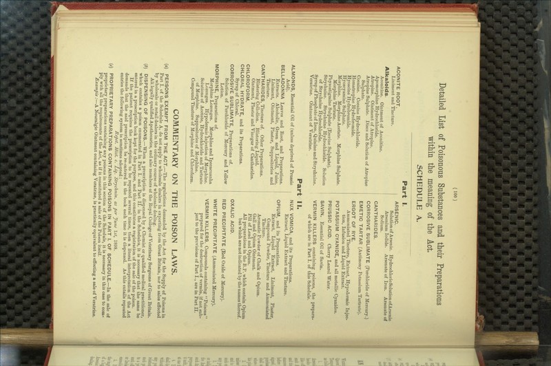 Detailed List of Poisonous Substances and their Preparations within the meaning of the Act. SCHEDULE A. Part I. ACONITE ROOT. Liniment and Tincture. Alkaloids. Aconitine. Ointment of Aconitine. Apomorphine Hydrochloride. Atropine. Ointment of Atropine. Atropine Sulphate. Discs and Solution of Atropine Sulphate. Cocaine. Cocaine Hydrochloride. Homatropine Hydrobromide. Hyoscine Hydrobromide. Hyoscyamine Sulphate. Morphine. Morphine Acetate. Morphine Sulphate. Morphine Tartrate. Physostigmine Sulphate (Eserine Sulphate). Strychnine. Strychnine Hydrochloride. Solution of Strychnine Hydrochloride. Syrup of Phosphate of Iron, Quinine and Strychnine. Veratrine. Ointment of Veratrine. ALMONDS, Essential Oil of (unless deprived of Prussic Acid). BELLADONNA Leaves and Root, and Preparations. Extracts. Alcoholic, Green and Liquid, Juice, Liniment, Ointment, Plaster, Suppositories and Tincture. CANTHARIDES, Tincture of. Other Preparations. Blistering Collodion. Blistering Liquid. Ointment, Plaster and Vinegar of Cantharides. CHLOROFORM. CHLORAL HYDRATE, and its Preparations. Syrup of Chloral. CORROSIVE SUBLIMATE, Preparations of. Solution of Perchloride of Mercury and Yellow Lotion. MORPHINE, Preparations of. Morphine Lozenges. Morphine and Ipecacuanha Lozenges. Hypodermic Injection of Morphine. Solutions of Acetate, Hydrochloride and Tartrate of Morphine. Suppositories of Morphine. Compound Tincture of Morphine and Chloroform. ARSENIC. Solution of Arsenic. Hydrochloric Solution of Arsenic Arsenium Iodide. Arsenate of Iron. Arsenate of Sodium. CANTHARIDES. CORROSIVE SUBLIMATE (Perchloride of Mercury.) EMETIC TARTAR (Antimony Potassium Tartrate). ERGOT OF RYE. Ammoniated Tincture, Extract, Hypodermic Injec- tion, Infusion and Liquid Extract. POTASSIUM CYANIDE, and all metallic Cyanides. PRUSSIC ACID. Cherry Laurel Water. SAVIN. Essential Oil of Savin. VERMIN KILLERS containing poisons, the prepara- of which are in Part I. of this Schedule. Part II. NUX VOMICA, and its Preparations. Extract, Liquid Extract and Tincture. OPIUM, and its Preparations. Extract, Liquid Extract, Liniment, Plaster, Compound Powder, Tincture and Ammoniated Tincture. Aromatic Powder of Chalk and Opium. Gall and Opium Ointment. Pill of Lead and Opium. All preparations in the B.P. which contain Opium but which are not indicated by the names thereof. OXALIC ACID. RED PRECIPITATE (Red Oxide of Mercury). WHITE PRECIPITATE (Ammoniated Mercury). VERMIN KILLERS. Compounds containing Poisons prepared for the destruction of vermin, if not sub- ject to the provisions of Part I., are in Part II. COMMENTARY ON THE POISON LAWS. {a) PERSONS EXEMPT FROM THE ACT.—The regulations demanded by the Act for the Supply of Poisons in Part I. of the Schedule A, do not apply to wholesale dealers in exporting from Great Britain, nor to sales effected by wholesale or retail dealers in the ordinary course of wholesale dealing. AU legally qualified Apothecaries, and also members of the Royal College of Veterinary Surgeons of Great Britain. {b) DISPENSING OF POISONS.—When a prescription is dispensed by a Chemist or qualified medical practitioner, which contains a poison enumerated in Part I. and Part II. in the Schedules, it is necessary that the same be entered in a prescription book kept for the purpose, and this constitutes a registration of the sale of the poison. If the patient requires the prescription to bo repeated several times, then a literal interpretation of the Act demands that the said prescription be re-entered in the book each time it is dispensed. As this entails repeated entries the following system is somtimes adopted : Repet. Mist. c. Liq. Strychnin, as per June \st, 1898. (c) PROPRIETARY PREPARATIONS CONTAINING POISONS IN PART I. OF SCHEDULE.—In the sale of proprietary preparations containing any poisons in this section of the Schedule, it is necessary in this case to com- ply with all the requirements of the Act, as if it constituted a sale of the Poison itself. Example :—A Neuralgic Ointment containing Veratrine, is practically equivalent to eifecting a sale of Veratrine.