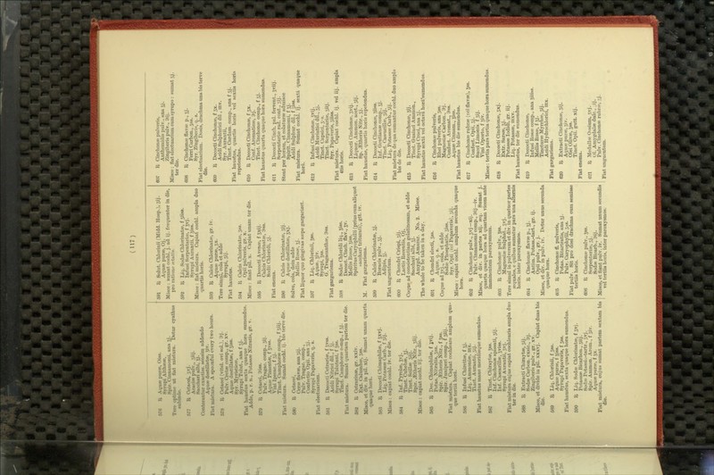 576 R Aquse piirte, Oiss. Syrupi Altheeee, Spir. Cinnamomi, ana 5j. Tere optime ut flat mistmu. Detur cyathus subinde. 577 R Cetaoei, 3vj. Acacife pulv., 5iij. Sacchari albi, 5j. Conterantur exactiss. sensim addendo Aquse destillntee, Jiv. Fiat mistura. A spoonful every two hours. 578 B Cetacei (vitel. ovi sol.), 9j- Pulv. Cretfe comp., gr. xv. Aqute destillataj, f Jiss. Syr. Myristicse, Syrupi Tolut., ana f 3j. Fiat haustus sexta quaque hora sumendus. Adde, p. r. n., Potassee Nitratis, gr. v. 579 R Cetacei, Siss. Pulv. Tragac. comp., 3ij. Aqua? Pimentse, f Jvss. Vini Ipecac, f 3J. Tinct. Camphorse comp., f Siij- Fiat mistura. Sumat cochl. ij. bis terve die. 680 B Cetacei, Cerse flavse, ana sij. Pulv. Tragac. comp., Confectio Opii. ana 3J. Syrupi Papaveris, q. s. Fiat electuarium. 581 R Decocti Cetrarise, f Jvss. Acidi Nitrici dil., f 3j. Syrupi Tolutani, f 5ss. Tinct. Camphorae cump., f 3j. Fiat mistura. Sumat quartam partem ter die. 582 B Cetrarinte, gr. xxiv. Ext. Calumbse, 38s. Misce, et div. in pil. xij. Sumat unam quarta quaque horft. 583 R Decocti Chimaphilee, fgxvj. Liq. Potasses Carb., f sij. IMisce : capiat cochl. iv. ter die. 584 R Inf. Pyrolee, jvj. Tinct. Cubebse, ^j. Tinct. Scillse 5iij. Spir. .aitheris Nitr., 3iij. Misce : capiat cochl. iij. ter die. 585 R Dec. Chimaphilse, £ Jvij. Potas. Nitratis, 58S. Spir. .ailtheris Nitr., f Jss. Spir. Juniperi comp., f 3iij. Fiat mistura. Capiat cochleare amplum qua- que tertia hor4. 586 R Infusi Chirettse, f 5j. Liq. Ammonite, iitx. Tiaot. Aurautii, 3ij. Fiat haustus mane meridieque sumendus. 587 R Tinct. Chiraytte, Jss. Inf. Cinchonae spissati, 3ij. Inf. Cascarillee, jviss. Syrupi Aurantii, 3vj. Fiat mistura cujus capiat cochlearia ampla duo ter in die. 588 R Extracti Chiraytse, 3ij. Sodse Carbon, exsic, 9j. Zingiberis pulv., gr. xv. Misce, et divide in pil. xxxvj. Capiat duas bis die. 589 R Liq. Chlorinii, f 5ss. Aquse puree, f Jiss. Syrupi Papaveris, f 3ss. Fiat haustus, se.xta quaque hora sumendus. 590 R Liq. Sodre Chlorinatse, f 5vj. Pota-sssR Bicarbon., siij. Sodie Potassic-tartr., 3vj. Spir. Anunon. Arom., f siv. Aquae puree, f jx. Fiat mistura, cujus sumat partem sextam bis die. 591 R Solut. Chlorinii (Midd. Hosp.), 3ij. Aquee puree, Oj. Misce : sumat cochl. j. ad ij. frequenter in die, pro ratione rotatis. 592 R Liq, Sodee Chlorinatee, f siiss. Infusi Serpentariee, f jvj. Syrupi Aurantii, f Jiss. Misce : flat mistura. Capiat cochl. ampla duo quartis horis. 593 R Calcis Chlorinatee, gr. iv. Aquee purse, 3x. Tere simul, cola et adde Syrupi, 5ij. Fiat haustus. 594 R Calcis Chlorinates, Sss. Opii pulveris, gr. x. Misce : flant pil. x. Capiat unam ter die. 595 R Decocti Avenee, f Jxij. Calcis Chlorinatee, 98S. Sodii Chloridi, 3j. Fiat enema. 596 R Calcis Chlorinatee, 3ij. Aquee destillatee, 5XJ. Solve, cola, dein adde Mellis Rosep, 5J. Fiat liquor quo gingivas seepe g^rg^rizet. 597 R Liq. Chlorinii, Jss. Aquse. Jiv. Syrupi, Jss. G. Tragacanthee, 988. Fiat gargarisma. 593 R Sodee Chloridi liq., Jiss. Decoct. Cinch, flav., Jv. Mellis Rosa;, Jiss. Spiritus Caryophilli (prius cum aliquot .-acchari triturati), gtt. iv. M. Fiat gargarisma. 599 R Calcis Chlorinatse, 3j. Boracis pulv., 5j. Adipis, 5j. Fiat imguentum. 600 R Chondri Crispi, 3ij. Lactis Recentis, Oj. Coque ad consistentiam gelatinosam, et adde Sacchari albi, 5j. Amygd. Amarar. No. 2. Misce. The whole to be taken in a day. 601 R Chondri electi, 5s8. Aquse, q. a. Coque ad jvj., cola, et adde Sodee Phosphatis, 3iss. Syr. Opii (vel Papaveris), 3ij. Misce : capiat cochl. amplum secunda quaque hora. 602 R Cinchonse pulv., 3vj—xij. Pulv. Cinnamomi comp., 9ij—iv. Misce, et div. in partes xij. seq. Sumat j. quarta quaque hora ad quaitam vicem ante imminentem paroxysmum. 603 R Cinchonee pulv., Jss. MagnesisB Sulphat., 5vj. Tere simul in pulverem et div. in quatuor partes sequales, e quibus sumatur pars una altemis horis, inter paroxysmos. 604 R Cinchonee flavse p., 5J. Antim. Potass.-tart., gr. ij. Opii pulv., gr. j. Misce, et div. in pulv. iv. Detur unus secunda quaque hora. 605 R Cinchonee fl. pulveris, Potas. Bitartratis, ana 5j. Pulv. Caryophylli, 3.SS.' Fiat pulv. Sit pro dosi drachma cum semisse tertiis horis. 606 R Cinchona- pulv.. 588. Serpentnrite, 3J. Sodee Bicarb., 9ij. Misce, et flant pulv. iv. Sumat uniun secundis vel tertiis horis, inter paroxysmos. 607 R Cinchonee pulveris, Anthemidis pulv.. ana 5j. Zingiberis pulv., 9ij. Misce : flat electuarium cum syrupo : sumat 5j. ter die. 608 R Cinchonee flavse p., Jj. Fern Carbon., 3ss. Syr. Zingiberis, q. s. Mat electuarium. Dosis, drachma una bis terve die. 609 R Decocti Cinchonee, f 5s:. Acidi Sulphurici dil, mv. Syr. Aurantii, Tinct. Cardam. comp., ana f 5j. Fiat haustus, quartis horis vel sextis horis repetendus. 610 R Decocti Cinchonee, f 3x. Conf. Aromaticee, 9j. Tinct. Cinchonee comp., f 5j. Fiat haustus quarta quaque hora sumendus. 611 R Decocti Cinch, pal. fervent., Jviij. Serpentarise rad. cont., sij. Stent per horam, et colaturse admisce Spirit. Cinnamomi, f 5j. Acidi Sulphur, dil., f siss. Fiat mistura. Sumat cochl. ij. sexta quaque hora. 612 R Infusi Cinchonee, Jvij. Acidi Muriatici dil., 3j. Tinct. Capsici, 3-s. Tinct. Serpentariee, siij. Syr. Papaveris, siiss. Fiat mistura. Capiat cochl. ij. vel iij. ampla 4tis horis. 613 R Decocti Cinchonse, svij. Liquor. Ammon. acet., sij. Sp. ^theris Nitr., sj. Fiat haustus, quartis horis repetendus. 614 R Decocti Cinchonas, Jiiss. Inf. Qentianee oomp., Jj. Tinct. Cascarillee, sij. Liq. Potassee Carb., sij. Fiat mistura de qua sumantur cochl. duo ampla bis de die. 615 R Decocti Cinchonse, Jij. Tinct. Guaiaci Ammon., Syrupi Croci, ana sj • Fiat haustus sexta vel octavd hord'sumendus. 616 R Cinchonse pulveris, Rhei pulveris, ana sss. Magnesiee Carbon., 9j. Confect. Aromat., 98s. Aquse Cinnam., Jiss. Fiat haustus bis die sumendus. 617 R Cinchonee rubrse (w/flavse), 5s8. Confect. Opii, 3j. Succi Limonis. f sij. Vini Oporto, f jiv. Misce: tertia pars tertia quaque hora sumendus. 618 R Decocti Cinchonee, 5xj. Extr. Sarsse, sJ • Potassee lodidi, gr. iij. Liq. Potassee, nixv. Fiat haustus, ter die sumendus. 619 R Decocti Cinchonse, Infusi Rosee comp., ana J^iiiss. Mellis Rosee, f 5j. Tincturse Myrrhee, sij. Acidi Hydrochlorici, mx. Fiat gargarisma. 620 R Extracti Cinchonse, sij. Aqua; purie, Jiv. Olei Ofivae, jss. Tinct. Opii. gutt. xij. Fiat enema. 621 R MeduUee Ossiimi, svj. Ol. Amygdalae dole, Jj, Pulv. Cinchonse rubrse, sj. Fiat unguentum.