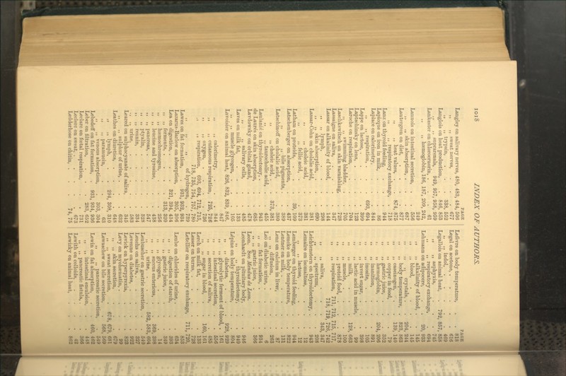 Langley on salivary nerves, 480, 483, 484, 506 ,, ,, sweat nerves, . . . 677 ,, ,, trypsin, . . . 338, 552 Langlois on heat production, . 846, 853 ,, ,, suprarenals, 949,957,958,959 Lankester on chlorocruorin, ... 61 ,, „ haemoglobin, 186, 187, 209, 242, 249 Lannois on intestinal secretion, . . 556 ,, ,, skin absorption, . . . 687 Lantergren on diet, . . . .877 ,, ,, heat values, . . 874, 875 ,, ,, respiratory exchange, . 718 Lanz on thyroid feeding, . . . 944 Lapicque on iron in milk, Laplace on calorimetry, ,, ,, respiration, . Lappe on lactose, . Laptschinsky on lens, . Laroche on respiration, ,, ,, swimming bladder, Laschkewitsch on skin varnishing, Lassaigne on saliva, Lassar on alkalinity of blood, „ „ lymph, ,, ,, skin absorption, . Lassar-Cohn on cholalic acid, ,, ,, choleic acid, ,, ,, fellic acid, . Latham on proteids, Latschenberger on absorption, ,, ,, bile pigments, Latschinoff on cholalic acid, ,, ,, choleic acid, . ,, ,, taurocholic acid, Laulanie on thyroidectomy, . de Lauras on skin absorption, Lavdowsky on orbital gland, ,, ,, salivary cells, Laves on milk fat, ,, ,, muscle glycogen, . Lavoisier on animal heat, 826, 832, 839, 846, 847 ,, ,, calorimetry, . . . 844 ,, ,, cutaneous respiration, 725,726 ,, oxygen, . . . .736 ,, ,, respiration, 693, 694, 712, 715, 718, 735, 754, 757, 780 ,, ,, ,, of hydrogen, . 739 Lawes on fat formation, . 931, 932, 934 Lazarus-Barlow on absorption, . 305, 306 Lea on digestion, . . . 321, 394, 434 ,, „ ferments, .... 313, 320 ,, ,, hsemochromogen, . . . 256 ,, ,, leucine and tyrosine, . . 438 ,, ,, pancreas, 547 ,, ,, ptyalin, 328 ,, ,, rennin, ..... 334 ., ,, urine, ..... 583 Leared on sulphocyanate of saliva, . 345 ,, ,, sulphur of urine, . . . 632 Leathes on diuretics, .... 648 „ ,, lymph, . . 294, 308, 310 ,, ,, paramucin, ... 63 ,, ,, venous absorption, . 303,304 LebedeflF on fat fomiation, . 931, 934, 936 Leber on filtration, . . . 283, 652 Leclarc on foetal respiration, . . 731 Leclerc on sweat, ..... 673 Ledderhose on chitin, ... 74, 75 . 844 693, 694 . 399 . 123 . 704 . 705 . 728 . 347 . 144 . 298 . 690 . 381 . 381 . 373 39, 109 . 437 . 389 . 380 373, 381 . 455 . 943 . 685 . 478 . 485 . 133 . 105 Lefevre on body temperature, Legal on acetone, .... ,, ,, indol, .... Legallois on animal heat, . 792, ,, ,, asphyxia, ,, ,, respiratory exchange, Lehmann on adipocere, ,, ,, alkalinity of blood, . ,, ., blood, „ „ crystals, . ,, ,, body temperature, . ,, ,, casein ogen, ,, ,, copper in food, ,, ,, gastric juice, . ,, „ haemoglobin, ,, ,, inanition, ,, ,, inosite, ,, ,, invert sugar, ,, ,, lactic acid in muscle, ,, ,, milk, ,, ,, muscle, ,, ,, proteid food, ,, ,, respiration. 711, 712, 715, 717, 718, 719, 726, 742 343, 347 . 208 „ „ saliva, ,, ,, spectrum, Leichtenstern on thyroidectomy, Lemaire on isomaltose, ,, ,, lactose, Lemberger on thyroid feeding, Lemcke on body temperature, Lentner on milk, . Lenz on calcium in liver, ,, ,, diEfusion, Leo on diabetic urine, . ,, ,, fat formation, . ,, ,, gastric juice, Leon. See Mevdus de Leon. Leonhardt on pituitary body, ,, ,, thyroidectomy. Lupine on body temperature, „ ,, diabetes, I > > J glycolytic ferment of blood, ,, ,, intestinal secretion, ,, ,, secretion of saliva, ,, ,, sugar in blood, Lerch on milk fat. Lesser on burns, . Letellier on respiratory exchange. 943 12 12 944 822 131 87 263 6 934 366 946 940 804 928, 929 161 556 . 485 160, 161 . 133 . 728 •20, 853 . 634 . 393 . 349 . 14 . 369, 398 582, 583, 604 540 327 711, Leube on chlorides of urine, . ,, digestion of starch, ,, gastric juice, . >) glycogen, ,, succus entericns, . ,, urine, . Leubuscher on gastric secretion, Leuchs on saliva, . Levenne on diabetes, .... 922 Levick on hyperpyrexia, . . . 828 Levy on myohreniatin, .... 99 ,, ,, skin secretion, . . . 679 ,, ,, sweat secretion, . 678,679, 681 Lewaschew on bile secretion, . 568, 569 ,, ,, pancreatic secretion, . 549 Lewin on fat absorption, . 460, 462 ,, ,, intestinal emulsion, . . 448 ,, ,, pancreatic fistula, . . . 366 Lewith on colloids, .... 42 Lewizky on animal heat, . . . 862