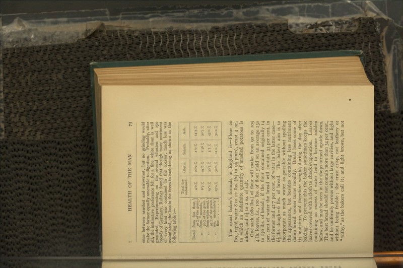ence between sawdust and arrowroot, but no grinding would make the former equally amenable to digestion. Probably, after all, the instinctive preference felt for a fine white flour is well grounded. Experimenting on the several wheaten and rye breads of Germany, Rubner found that though more nutriment of every kind was contained in the coarser, much less was assimilated, the loss in the faeces in each being as shown in the following table :— Total dry substance. Glutin. Starch. Ash. Bread from fine flour, i 30 % of the grain / ,, from seconds,! 70 % of the grain I ,, from whole meal, \ 95 % of the grain / ,, rye, moderately \ 4-o% 67% 19-2% 15-0% 20 o % 24-6% 30-5% 32-0% i-o% 2-36% 57% II'O % 14-3% 30*3 % 45-o% 30-0% The usual baker's formula in England is—Flour 20 lbs., tepid water 8 to 12 lbs. (6| to 9^ pints), yeast 4 oz., to which an indefinite quantity of mashed potatoes is added, and i^ to 2 oz. of salt. One sack (280 lbs.) of flour will make from 90 to 105 4 lb. loaves, i.e., 100 lbs. of flour yield on an average 130 to 150 lbs. of bread ; if the flour contained originally 14 per. cent of water the bread will contain 33 per cent, in the former and 427 per cent, of water in the latter case— 6| lbs. dough=6 lbs. of bread. The baker's aim is to incorporate as much water as possible without spoiling the appearance, but besides containing less nutriment damp bread sooner turns mouldy. Bread loses some of its moisture, and therefore weight, during the day after baking. To prevent this the baker sometimes keeps the loaves covered with a cloth to check evaporation. Loaves containing an excess of water tend to become sodden below, and maybe seen in the shops turned upside down. The best bread should not contain more than 34 per cent., and be uniformly porous without large cavities, and light without being friable ; the crust crisp, not leathery or  withy, as the bakers call it; and light brown, but not