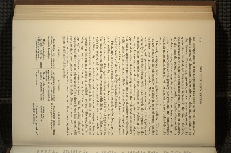 and the rapid decline of the temperature to a point below the normal, con- stitute a group of phenomena characteristic of this, and met with in no other disease. The acute, progressive, and extreme enlargement of the spleen, the coincident, but less marked increase in the size of the liver, the tenderness in the region of both these organs and in the epigastrium, and the muscular pains, are also diagnostic. Equally characteristic is the abrupt relapse, after an apyretic period of several days, with its repe- tition of the symptoms of the primary paroxysm and the extraordinary rise, high range and sudden fall of the temperature to a point below the normal. • Clinically, relapsing fever and typhus are widely unlike. Whether they are equally unlike etiologically, speaking in general terms, remains for future investigations to decide. The striking fact that the former, in all its great epidemics, has prevailed in connection with typhus, and commonly in a definite relation with it as regards the progress of the epidemic, being proportionately most common at the beginning of the outbreak, less so as the epidemic advances, and giving place wholly to typhus at its close—this fact, coupled with the well-established observa- tion that relapsing fever patients are prone to typhus after convalescence, while typhus fever patients are little liable to suffer from relapsing fever within a short time, makes it appear most possible that in a broad sense these two fevers are due to closely associated causes. Prevailing, as they so constantly did in the early epidemics, together as a pestilence—known by the simple designation of fever, or the fever, it was natural to regard relapsing as a mild form of typhus fever. The error, once established, was overthrown with difficulty—a difficulty to which the nosological method of the continental writers has contributed not a little. By this method the typhus, enteric, and relapsing fevers, and sometimes others—for the designation is an elastic one—are classed together as the common group of so-called  typhus  diseases, the first being regarded as  exanthematous typhus, the second as  abdominal typhus, and the last as  recurrent typhus. The following tabular ar- rangement of the principal phenomena of the three fevers just named, will serve to show how unlike they are in their clinical aspects, and, at the same time, to present in the most concise manner their more important points of differential diagnosis: TYPHUS. Essentially an epidemic ENTERIC. An endemic disease, often disease, although endemic j sporadic, but occasionally in certain localities. appearing in circumscribed epidemics. Highly contagious. Not directly contagious. Attack sudden, often Attack generally insidi- without prodromes. ous. Course continuous. Continuous. RELAPSING. An epidemic disease, often the congener of typhus. Contagious. Attack sudden. Broken by a period of complete apyrexia.
