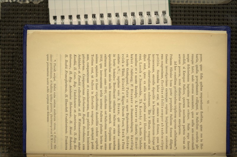 posse, quae folia quibus respondeant floribus, quae res in Her- bariis, qualia peregrinantes coUigunt, in Salicibus exoticis ple- rumque latet, unde errores nascuntur, quos nulla ars coniectandi neque felicissimum ingenium potest evitare. Satis ergo facere credidi, si Europae Salices, quarum maximam partem vivas ob- servare possem, recte distinctas describere susciperem. Ad hoc consilium perficiendum triplicem operam adhibuimus.*) Primuni Silesiae bona parte perquisita Salicum formas diligen- tissime investigavimus earumque copiam largissimam exsiccata- rum cong-essimus, floribus et foliis semper ab eadem stirpe petitis. Secundus labor erat, ut omnes eas formas, quas ipsi inveneramus, surculis depositis in hortum transferremus ibique ad longiorem observationem coleremus. His e Silesia congestis ad- ditae sunt, quas ex aliis terris petitas amici liberalissime mise- runt, Lasch e Neomarchia, Th. Kotschy ex hortis Vindobo- nensibus et e monte Raxalpe, A. Kerner ex Austria, Hinter- huber e Salzburg, F. Brunner a Donaueschingen, Bartling ex horto Gottingensi, Patze ex agro Regiomontano, Heiden- reich a Tilsit, Ritschl e Magno Ducatu Posen, Buek a Fran- cofurto a/V., inprimis vero A. Braun, qui surculos omnium in horto botanico Berolinensi cultarum Salicum cum earundem speciminibus siccis mihi transmittendos curavit. Coepimus hanc culturam facere anno 1840, extinctum est Salicetum nostrum anno 1862, quo incrementum urbis nostrae Salicum plantas laetas ho- niinum squalore et fame expallentium domiciliis cedere cogebat. Tertium erat, ut Salices in Herbariis congestas, quotquot potui- mus, compararemus et examinaremus, tum publicis tum hominum privatorum. Comparavimus llerbarium Regkmi Berolinense, cum Schleicheri et Funckii collectionibus et //. Willdenoviaiimn atque Kunthiij II. Caes. Reg. Vindobo7iense et Austriacum, II. Reg. Ra- tisbo7iense, H. Reg. Academiae Ilohniensis, II. Musei Bohemici, II. Buekii Francofurtetisis, II. Ilenscheli Vratislaviensis. Praeterea *) Plurali scripsi. Habui enim socium studiorum virum, et Florae Sile- siacae peritissimum, et Salicum optime gnarum, pharmacopoeum E. Krause, quem praematura morte nobis ereptum esse dolemus.