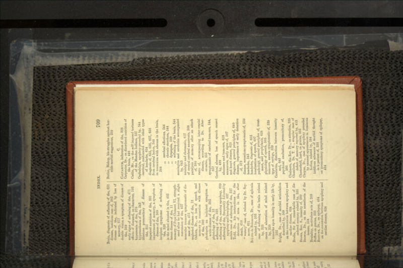 Bruin, diagnosis of softening of the, 651 disease, insidious case of, 383 diMMe of thf, indicated by IOM of memory, 377 duubl« vision » symptom of disease of the, 569 early signs of softening of the, 471 effect* of diseased, on character, 193 bypencmia of the, 370 hjpenettbesia of the, 543 illusions premonitory of disease of the, 311 impaired nutrition of the, 331 impairment of memory, a symptom of disease of the, 889 incipient symptoms of softening of the, 326 is the mind situated in the, 435 latent disease of the, 11 memory of Po;« Clement VI. strength- -•' ened after he had received a slight concussion of the, 457 muscular tremors symptomatic of dis- ease of the, 475 neglected disease of the, 13 Oaborn, Dr., on loss of speech and memory in connexion with disease of the, 393 photopsi* an incipient symptom of acute disease of the, 585 physiology of the, 15 softening of the, 323 softening of the, causing apoplexy, 639 softening of the, frequently followed by apoplexy and beiniplegia, 637 subtle case of softening of the, 327 Tudd, Dr., his instructions for the detection of urea in the, after death, 610  watery case of, related by Dr. Sey- mour, 631 Bricrrode Boismont, Dr., case of aphonia related by, 533 case of softening of the brain related by, 323 eases of aberration of mind related by, 320 remarks upon insanity in early life by, 162 Bright, Dr., case of morbid articulation described by, 600 on the connexion between apoplexy and cardiac disease, 624 Brodie, Sir B., remarkable case of dis- ordered memory related by, 395 Brown, Rev. 8., insanity of, 260 Browue, Dr., on the anasthesia of the insane, 554 Brutality, inotireless acU of, 209 Huflon on genius, 333 Burrows, Dr., on epilepsy, 484 on tin- connexion between apoplexy and cardiac disease, 624 Butler, Bishop, his struggles against hor- rible morbid suggestions, 230 C. CALVAKIUM, induration of the, 328 Carpenter, Dr., on disordered nutrition of the brain, 446 Catlin, Mr., on the self-imposed tortures of the Mandan Indians, 557 Cephalalgia, apoplexy preceded by, 544 cerebral, confounded with other types of headache, 654 diagnosis of, 655, 656, 657, 658 from cerebral lesion, 544 in connexion with abscess in the brain, 544 ,, cerebral affections, 544 ,, chronic otorrtuea, 544 ,, dyspepsia, 560 ,, softening of the brain, 544 meningitis and cerebritis accompanied by, 645 neuralgic and rheumatic, 657 of central cerebral amauronis, 568 paralysis of memory after ail attack of, 880 ratio of, accompanying inter-cranial disease, according to Dr. Aber- crombie, 555 symptomatic of cerebral tumours, 544, 657 Cerebral abscess, loss of speech caused by, 499 abscesses and tumours, 653 amaurosis, early signs of, 567 and heart disease, 625 diagnosis, general principles of, 640 disease, importance of early detection of, 573 disease, sensations symptomatic of, 559 headache, 545 headache, diagnosis of, 655 localisation of speech, 497 pathology, general principles of, treat- ment, and prophylaxis, 628 physiology of speech, 505 tumours, nausea symptomatic of, 539 type of rertigo, 611 Cerebritis, distinction between insanity and, 645 psychical exaltation, premonitory of, 293 Chalmers, the Rer. Dr., on attention, 835 Chambers, Dr. T. K., singular ease of defect of memory reported by, 413 Chesterfield, Lord, on genius, 333 Cbeyne, Dr., case of apoplexy preceded by unusual appearances in luminous bodies, related by, 584 insidious adrances of morbid thought in a patient of, 233 on premonitory symptoms of epilepsy, 484