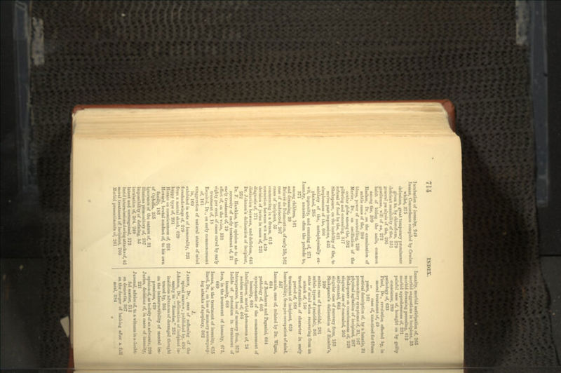 Incubation of insanity, 249 Insane, Concordance compiled by Cruden whilst, 275 delusions, great temporary prominence given to, by chloroform, 279 deficient sensibility of the, 551 general paialynis of the, 295 gentleman, will of an, 273 habit of biting the nails, common among the, 599 Haalain, Dr., on the examination of subtle cases of the, 280 ideas, power of controlling, 259 Merier, Dr., on oscillation of the ocular globe among the, 582 pilfering and concealing, 317 refusal of food by the, 621 Shakspeare, on the inability of the, to revive past impressions, 425 sleeplessness of the, 606 subtlety of the, metaphysically ex- plained, 285 wit, ingenuity, and cunning of, 271 Insanity, amnesia often the prelude to, 371 among children, 161 and dreaming, 39 Brierre de Boismonton, of early life, 162 case of undetected, 207 cases of incipient, 55 commencing in a dream, 615 connexion between wit and, 459 decision of juries in cases of, 221 diagnosis of, 171 distinction between, and delirium, 643 Dr. Johnson's delineation of incipient, 252 Dr. F. Hawkins, his opinion as to the necessity of early treatment of, 21 early treatment of, 19 effect of, on the voice, 533 eighty per cent, of cases cured by early treatment of, 18 Esquirol, Dr., on early commencement of, 161 exaggeration of natural states of mind in, 169 exhibited in acts of immorality, 321 foreshadowings of, 2'29 from a mental shock, 629 happy type of, 291 Horace on consciousness of, 228 Howard, brutal conduct of, to his own family, 183 of Ophelia, 255 ignorance of the nature of, 31 illusions premonitory of, 237 impossibility of defining, 5l5 incubation of, 304, 249 latent and unrecognised, 173 lucid intermissions during attacksof, 45 moral treatment of incipient, 700 Morbid presentiments of, 261 Insanity, morbid anticipation of, 265 morbid suggestions in incipient, 53 morbid dreaming preceding, 613 morbid apprehensions of, 231 painful case of, brought on by guilty conscience, 289 pathology of, 633 Finel, Dr., revolution effected by, in moral treatment of, 49 ,, case of, unnoticed for fifteen years, 161 poetical description of, by a lunatic, 31 premonitory symptoms of, 31, 167 physical agitation of incipient, 287 Shakspeare on consciousness of, 228 singular case of concealed, 205 self-created, 665 singular case of recovery from, 153 Shnkspeare's delineation of Hamlet's, 299 subtle case of homicidal, 281 subtle types of (suicidal), 301 state of mind when recovering from an attack of, 150 transformations of character in early period of, 168 treatment of incipient, 659 Insensibility, from pre-occupation of mind, 557 Insomnia, case of, related by Dr. Wigan, 604 of Boerhaave and Faganini, 604 pathology of, 605 symptomatic of the commencement of insanity, 603 Intelligence, morbid phenomena of, 24 sudden arrest of, 465 Intemperance, loss of memory from, 373 Iodide of potassium in treatment of insanity, 668 Iron, in the treatment of insanity, 675, 669 Issues, in the treatment of insanity, 675 Itard, Dr., on loss of memory accompany- ing attacks of apoplexy, 362 J. JANSOH, Dr., case of softening of the spinal marrow, published by, 495 Johnson, Dr., delineation of incipient in- sanity in Rasselas, 252 insidious advances of deranged thought traced by, 305 on the indestructibility of mental im- pressions, 429 opinionof, as to duty of an advocate, 220 Juries, decisions of, in cases of insanity, 221 Juvenal, advice of, to a witness in a doubt- ful matter, 212 on dementia, 367 on the danger of bathing after a full meal, 384