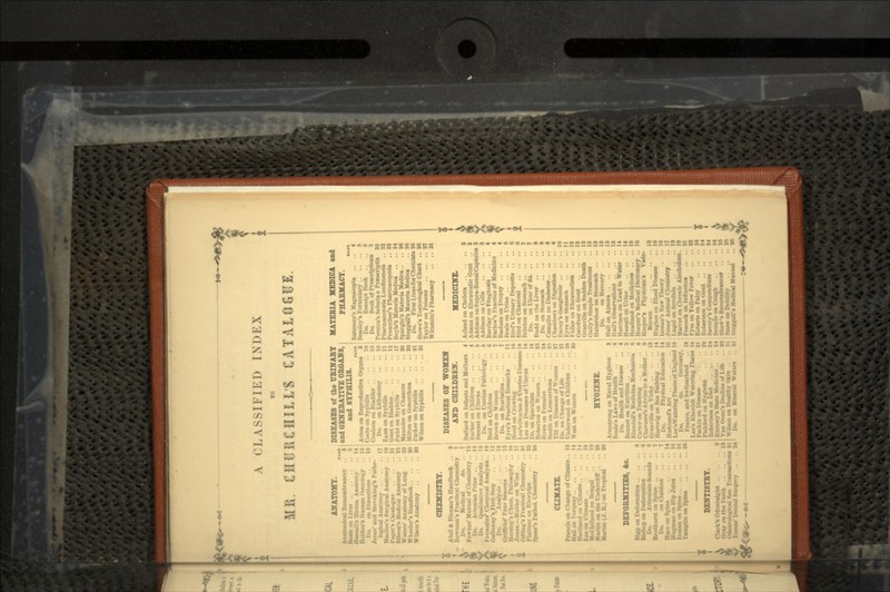 \ CLASSIFIED INDEX Mfi. CHERCHIIL'S CATALOGUE. ANATOMY. DISEASES of the URINARY MATERIA MEDICA and N Anatomical Remembrancer •.r I and GENERATIVE ORGANS, PHARMACY. I ivi-r •' and SYPHILIS. Baaull's Micron. Anatomy 11 Rateman's Magnacopla . . . . 4 Holden's Human Osteology IS Acton on Reproductive Organs 3 Beastey's Formulary ft Da on Dissections .. 13 Coote on Syphilis . . 10 Da Receipt Book . . . . A .1 -•.!-.'. . '- 1 . ' . Coolson on Bladder . . 10 Da Book of Prescriptions ft logical Anatomy 17 Da on Lithotomy 10 Pereira'sSelectae Prsescriptls 93 Maclise'ii Surgical Anatomy . . 19 Kgan on Syphilis . . 11 PharmacopoBla Londlnensts . . 99 Paget's Catalogue :it on Hlndilcr.. .. 13 Prrvriber's PtaarmacopaBlft . . 99 SIbnon's Medical Anatomy y, Jiulil on Syphilis .. 17 Royle's Materia Medlca .. ..94 Waters' Anatomy of Lung niil'-r mi chancre 90 Spurgin's Materia Medlca . . . . 96 Wheeler's Handbook 30 Milton on (Hinorrhoea 90 Steggall's Materia Medlca .. 96 Wilson's Anatomy 30 Parker on Syphilis . . 31 Da First Lines for Chemists 96 Wilson on Syphilis .. 31 Stowe's Toxlcologtcal Chart .. 96 Tnvl*>r on I'oiaons . . 87 W it tatelii's Pharmacy .. .'. 31 CHEMISTRY. Abel A Bloxam's Handbook . . :t DISEASES OF WOMEN •• Bowman's Practical Chemistry 7 AND CHILDREN. MEDICINE. Do. Medical da 7 Fownes* Manual of Chemistry . . Da Actonian Prize . . 12 Rallard on Infant.* and Mothers 4 2 Darker on Children .... 4 Acland on Cholera . . Adams on Rheumatic Goat Da (Qualitative Analysis . . Fresenlus* Chemical Analysis . . Galloway's First Su-p . . Do. Analyst* 12 n :. Kennet on Uterus .... 6 Da on Uterine Pathology ft Kir<l on Children .... 6 Brown on Women .... 7 Addison on Supra-Renal Capsn Addtaon on Cells .. .. Barclay on Diagnosis Barlow's Practice of Medlclno es Griffiths' Four Seasons ! i Da on Scarlatina .... 7 Baftham on 1 >rop»y . . Borsley's ('hem. Philosophy .. Jones. — Mulder on Wine Odllng's Practical Chemistry . . Plattner on Blowpipe Speeds Pat hoL Chemistry II 11 II -•- M Eyre's Practical Remarks 1 1 Hood on Crowing .... 16 Lee's Ovarian * Uterine Diseases 18 Lee on Diseases of Uterus 18 Da on Speculum .... 18 Roberton on Women .... 93 liesle on Urine Bird's Urinary Deposits . . Bird on Charcoal . . Brlnton on Stomach . . Do. on Ulcer of da .. Budd on the Liver .. .. 6 6 7 7 8 Howe on Females . . . . 24 Da on Stomach . . . . • Ninth on Leucorrhosa . . 2-% Campllnon Diabetes.. .. t CLIMATE. Tilt on Diseases of Women 37 ( hainU-rs on Digestion . . • Francis on Change of Climate . . M Do. on Change of Life . . 37 Underwood on Children . . 38 Davey's Ganglion Ic .. .. Eyre on Stomach .. .. 10 11 Ball on Torquay . . 11 West on Women .... M Fuller on Rheumatism .. 19 Baviland on Climate 1 1 Gairdner on Goat . . . . 19 Lee on Climate . . II - taa, Uranville on Sudden Death ia McClelland on Bengal II Gully's Simple Treatment ia Martin on the Underclrff • HYGIENE. Habenbon on Stomach . . ia Martin (J. K.) on Tropical . . M Da on Mercury . . ia Armstrong on Naval Hygiene 3 Hall on Apmra la DEFORMITIES, fto. Beale's Laws of Health . . . . 4 1 Hx Health and Disease . . 4 Bennet on Nutrition A Hall's Observations .. Harrison on Lead in Water Hassall on Urine . . ia 14 14 Bigg on Deformities iii»ii..[. o,, DafmMai ulate Sounds .. Brodhurst on Spine .ubfoot . 1 1 • 7 : Klun.li-U's Mt-lidna Mechanlca 6 Cart-T on Training 8 Chavamie's Advice to a Mother . . 9 Granville on Vichy 13 Hartwig on Sea Bathing .. ..14 Do. Physical Education 14 Headland on Medicine* .. Hooper's Medical Dictionary Hooper's Physician's Vado Mivuin Hughes on Blood Disease Inmao's New Theory 15 16 ia 16 16 1 I .If < >.l J II1C • • Hud-land's Art .. 16 • 17 Bagman on Hip Joint . M i Lee'» Watering Places of England 18 Logo) on Scrofula .. .. 19 ' v i Do. da Germany, Manet on Chronic Alcoholism 19 i ampiin on >pine . . . . . -•• France, and Switzerland . . 18 lYaciH-k on Inrtucn/a 31 Lee's Rhenish Watering Places la Pym on Yellow Fever 93 Parkin on Disease 31 Robertson Palsy .. .. 24 DENTISTRY. Ptckfurd on Hygiene . . . . 33 Robertson on Diet 34 l:.,!.Ttv,n on (.out .. .. Savory's Compendium , 34 34 Clark's Odontalgist Gray on the Teeth 1 1 1 taqbaaOM* . Shaw's Remembrancer . . 24 3A Van Oven's Decline of Llfc .. 99 Odontological Soc. Transaction* •.M km . .. 31 SmeeonDeM: .••. Tomes' Dental Surgery . . • Da oa Mineral Water* Stcggall's Medical Manual 96 M