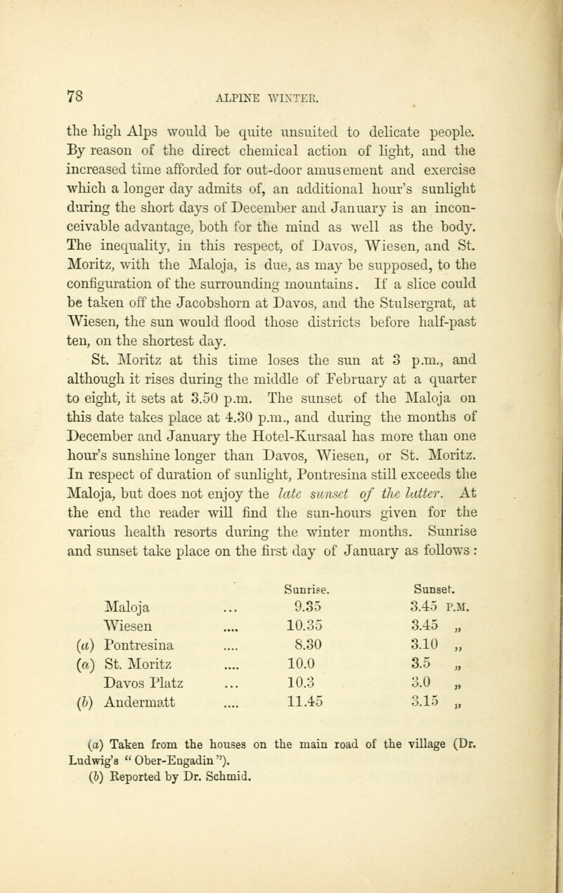 the high Alps would be quite unsuited to delicate people. By reason of the direct chemical action of light, and the increased time afforded for out-door amusement and exercise which a loDger day admits of, an additional hour's sunlight during the short days of December and January is an incon- ceivable advantage, both for the mind as well as the body. The inequality, in this respect, of Davos, Wiesen, and St. Moritz, with the Maloja, is due, as may be supposed, to the configuration of the surrounding mountains. If a slice could be taken off the Jacobshorn at Davos, and the Stulsergrat, at Wiesen, the sun would flood those districts before half-past ten, on the shortest day. St. Moritz at this time loses the sun at 3 p.m., and although it rises during the middle of February at a quarter to eight, it sets at 3.50 p.m. The sunset of the Maloja on this date takes place at 4.30 p.m., and during the months of December and January the Hotel-Kursaal has more than one hour's sunshine longer than Davos, Wiesen, or St. Moritz. In respect of duration of sunlight, Pontresina still exceeds the Maloja, but does not enjoy the late sunset of the latter. At the end the reader will find the sun-hours given for the various health resorts during the winter months. Sunrise and sunset take place on the first day of January as follows : Sunrise. Sunset. Maloja 9.3.5 3.4.5 P.M Wiesen 10.35 3.45 „ {a) Pontresina 8.30 3.10 „ (a) St. Moritz 10.0 3.5 „ Davos Platz 10.3 3.0 „ (l) Andermatt 11.45 3.15 „ (a) Taken from the houses on the main road of the village (Dr. Ludwig's  Ober-Engadin ). (6) Reported by Dr. Schmid.